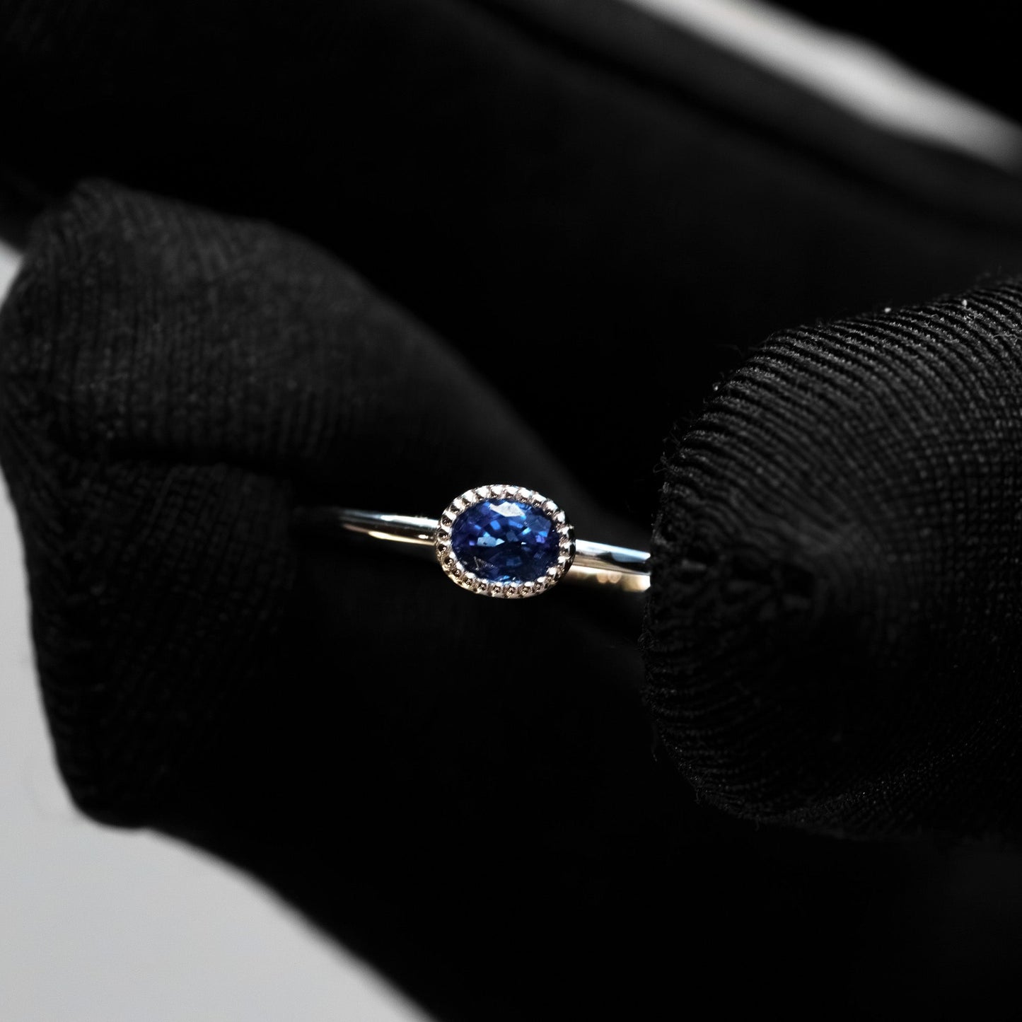 14kt White Gold Oval Sapphire Bezel-Set Milgrain Stacking Ring