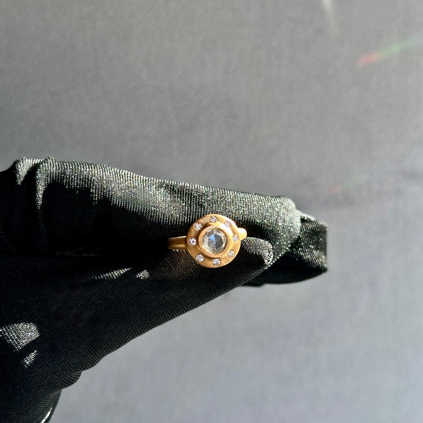 14K Yellow Gold Rose-Cut Diamond Engagement Ring – Flush Fit, Burnish Set Accent Diamonds, Satin Finish (Size 5.75, One-of-a-Kind)