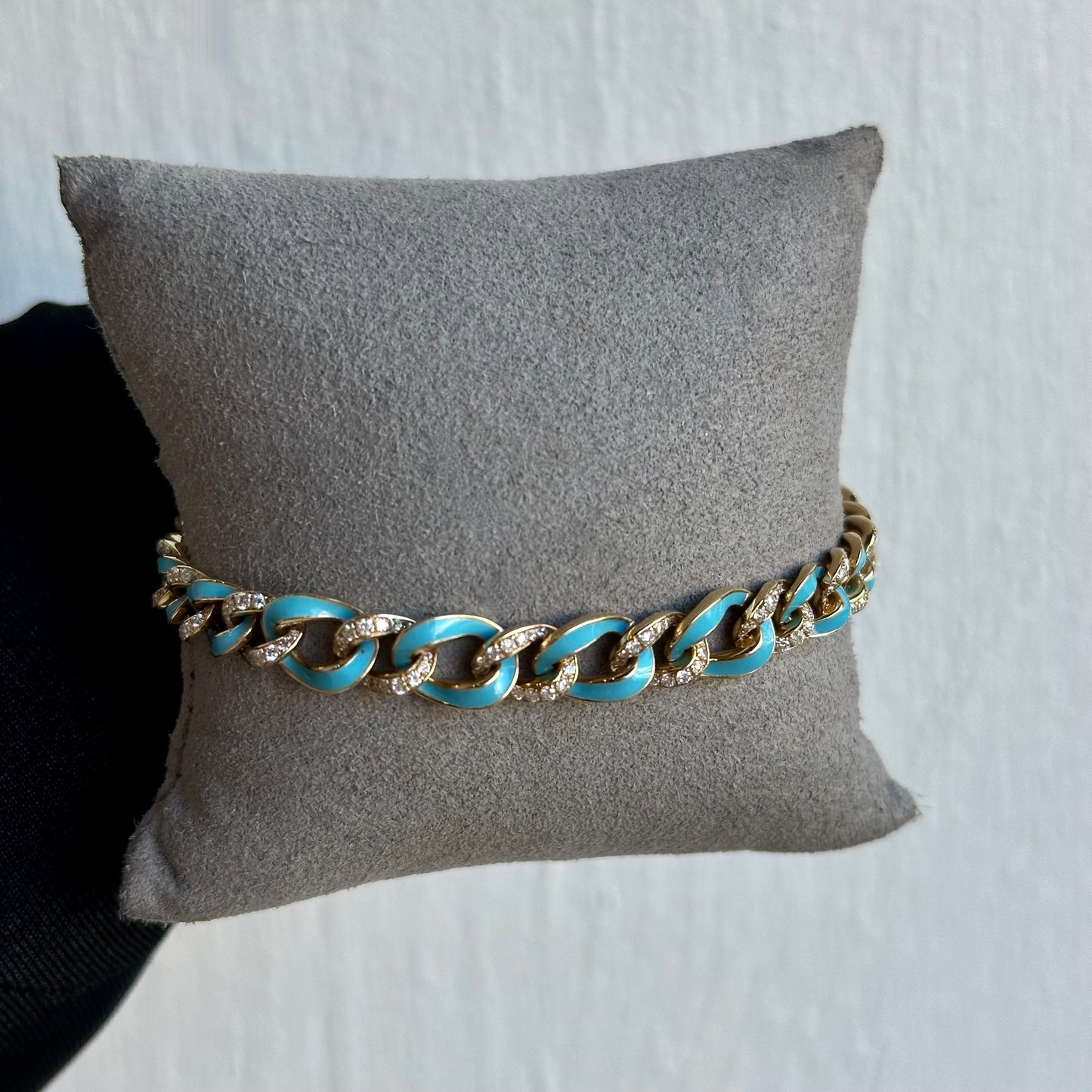 14KT Yellow Gold Blue Enamel & Diamond Cuban Bracelet – 1.45CTW Round Diamonds, Vibrant and Playful Design