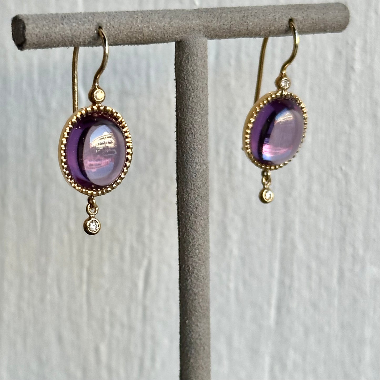 Handmade In-House 14K Yellow Gold Cabochon Pink Tourmaline & Diamond Drop Earrings with Milgrain Etching & Amethyst Accents