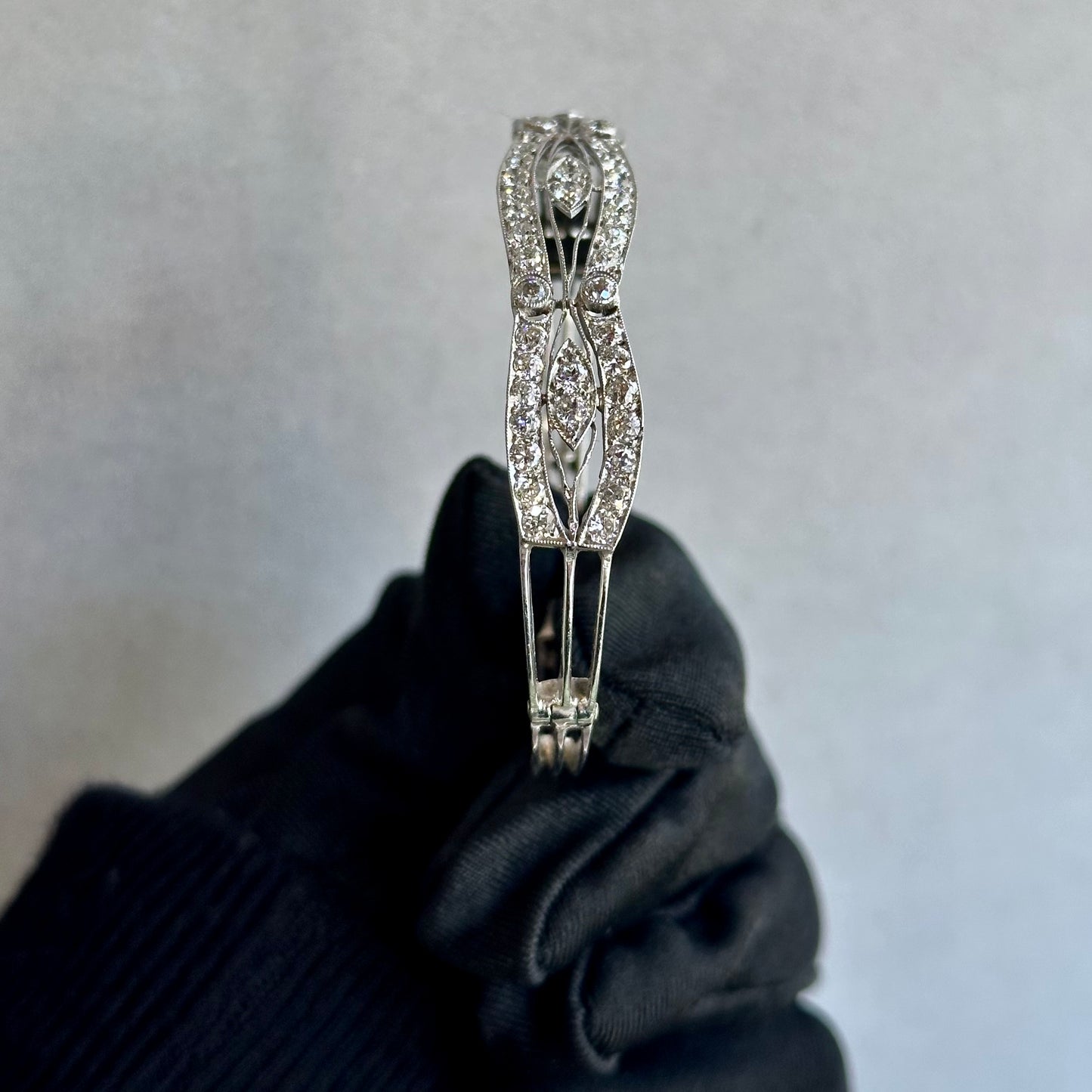 Stunning White Gold Diamond Vintage Art Deco Bangle Bracelet with Milgrain Etching & Swivel Design