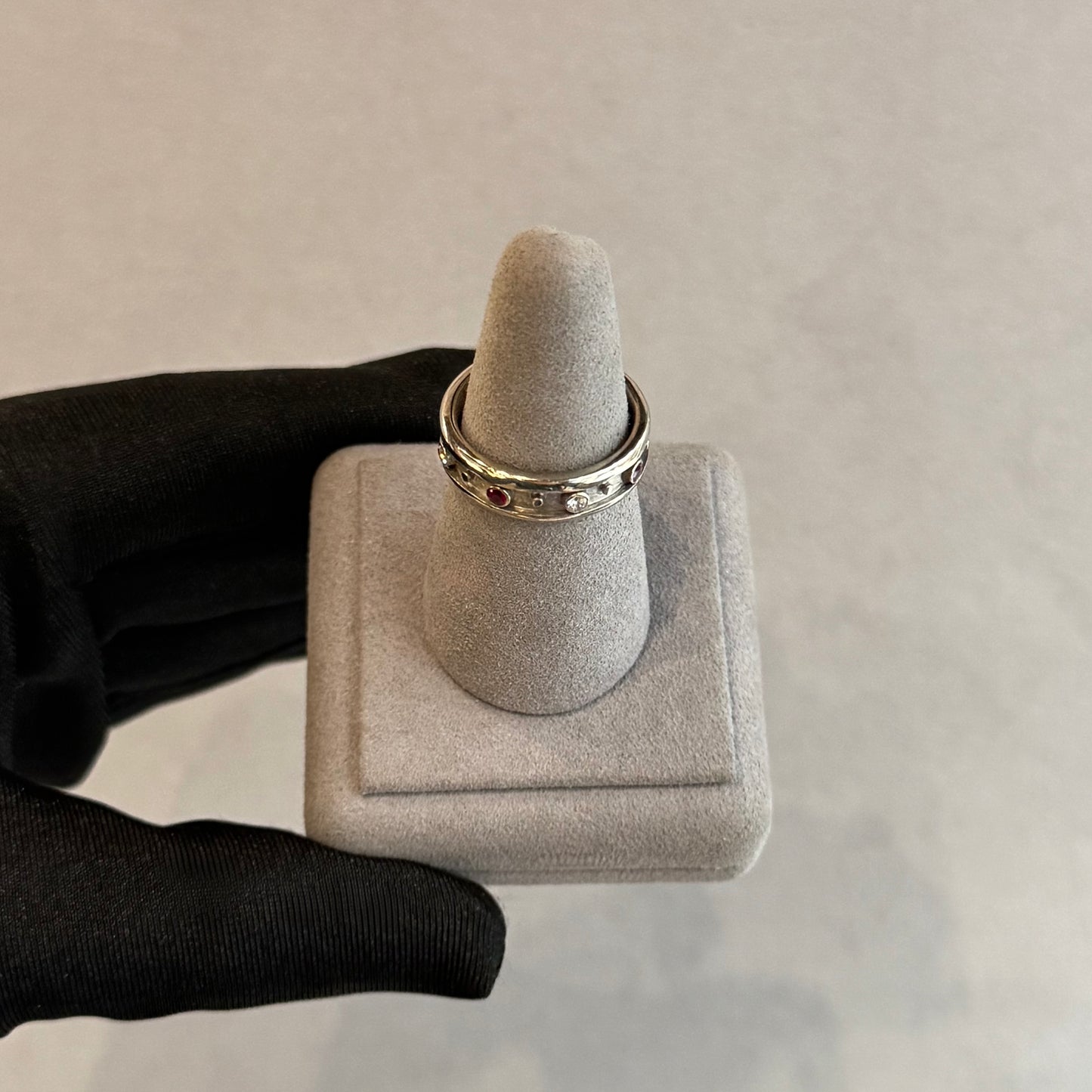 One-of-a-Kind Vintage 18K White Gold Ruby and Diamond Inlay Band – Handmade 6mm Bezel Set, .80ctw