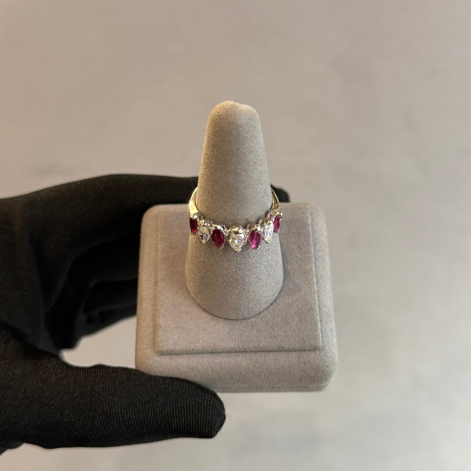 Vintage 14K White Gold Ruby and Diamond Marquise Half-Eternity Band – North-South Setting, .74ct Diamonds & .60ct Rubies