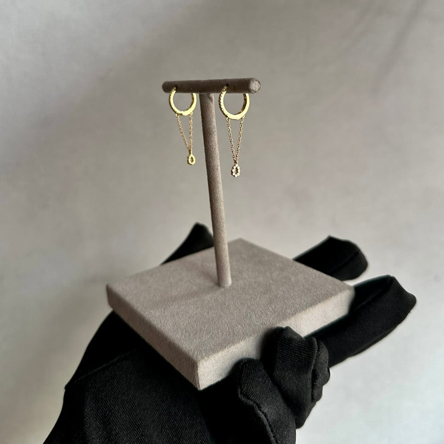 14KY Diamond Huggie Earrings with Dangle Chain & Pave Bezel Set Circle - Sweet & Small