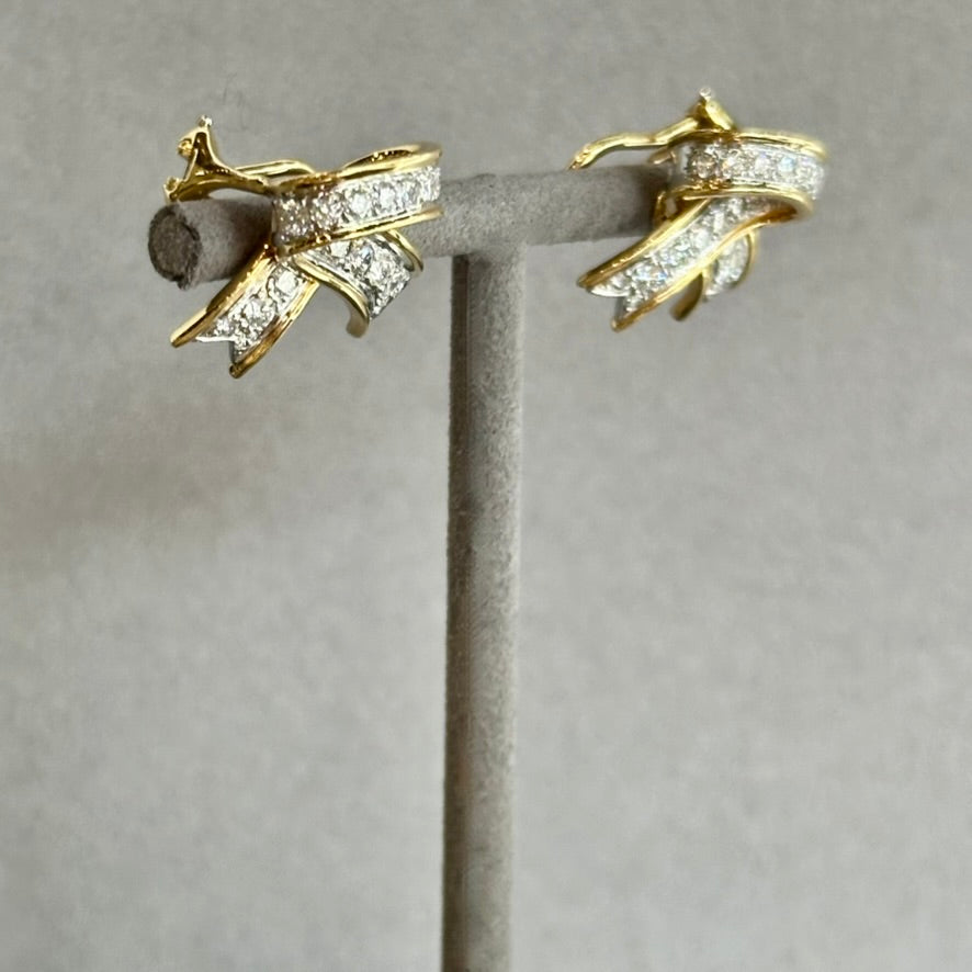Vintage Tiffany & Co. Ribbon Earrings | Platinum & 18K Yellow Gold | 5.76ctw Diamonds | Circa 1989 | Post & Clip for Pierced Ears