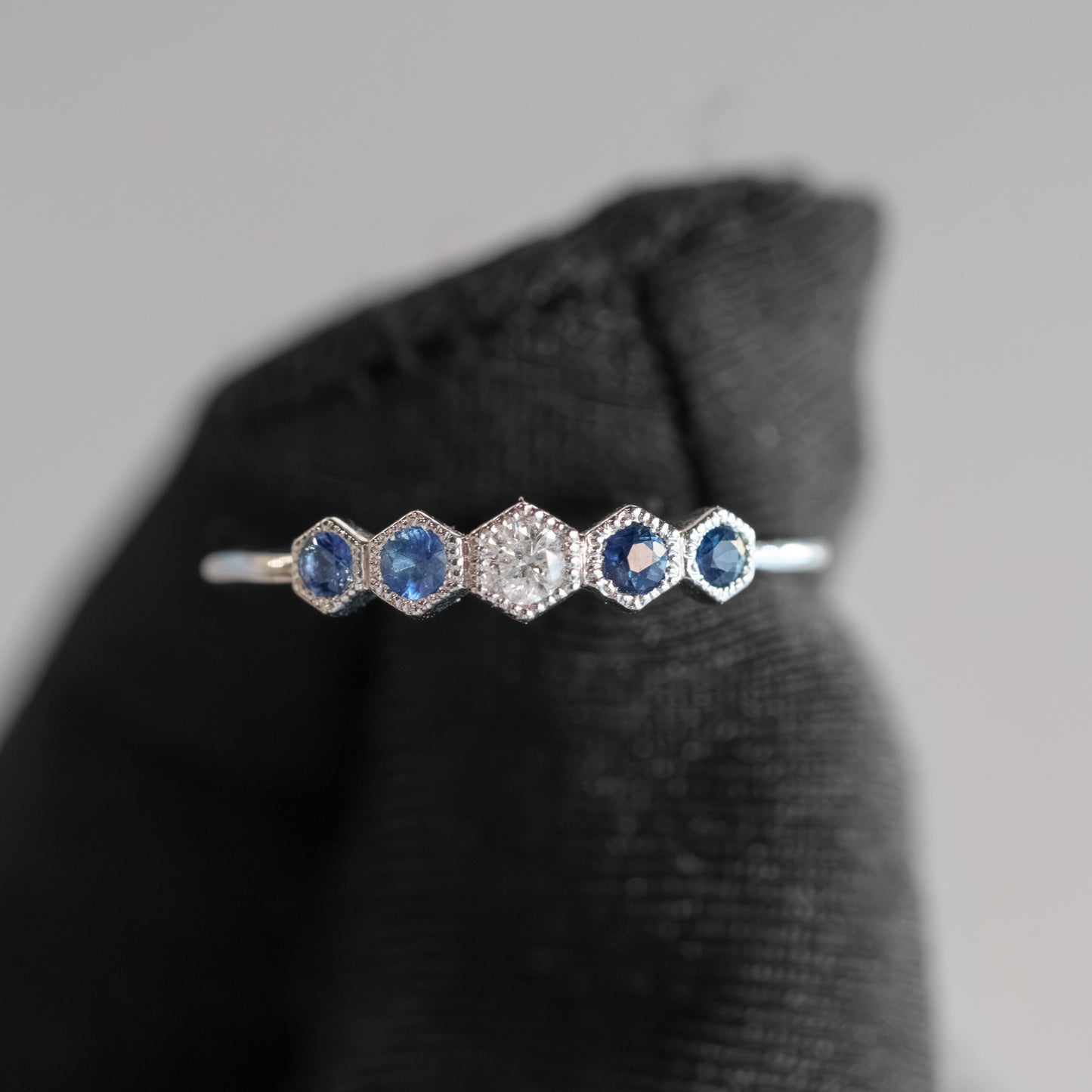 14kt White Gold Octagon Sapphire and Diamond 5-Stone Stacking Band