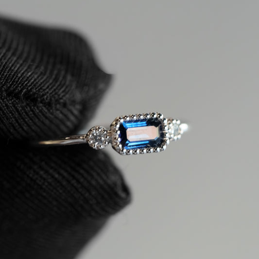 14K White Gold Sapphire and Diamond Ring – Baguette Cut with Milgrain Bezel Setting (Size 6.5)