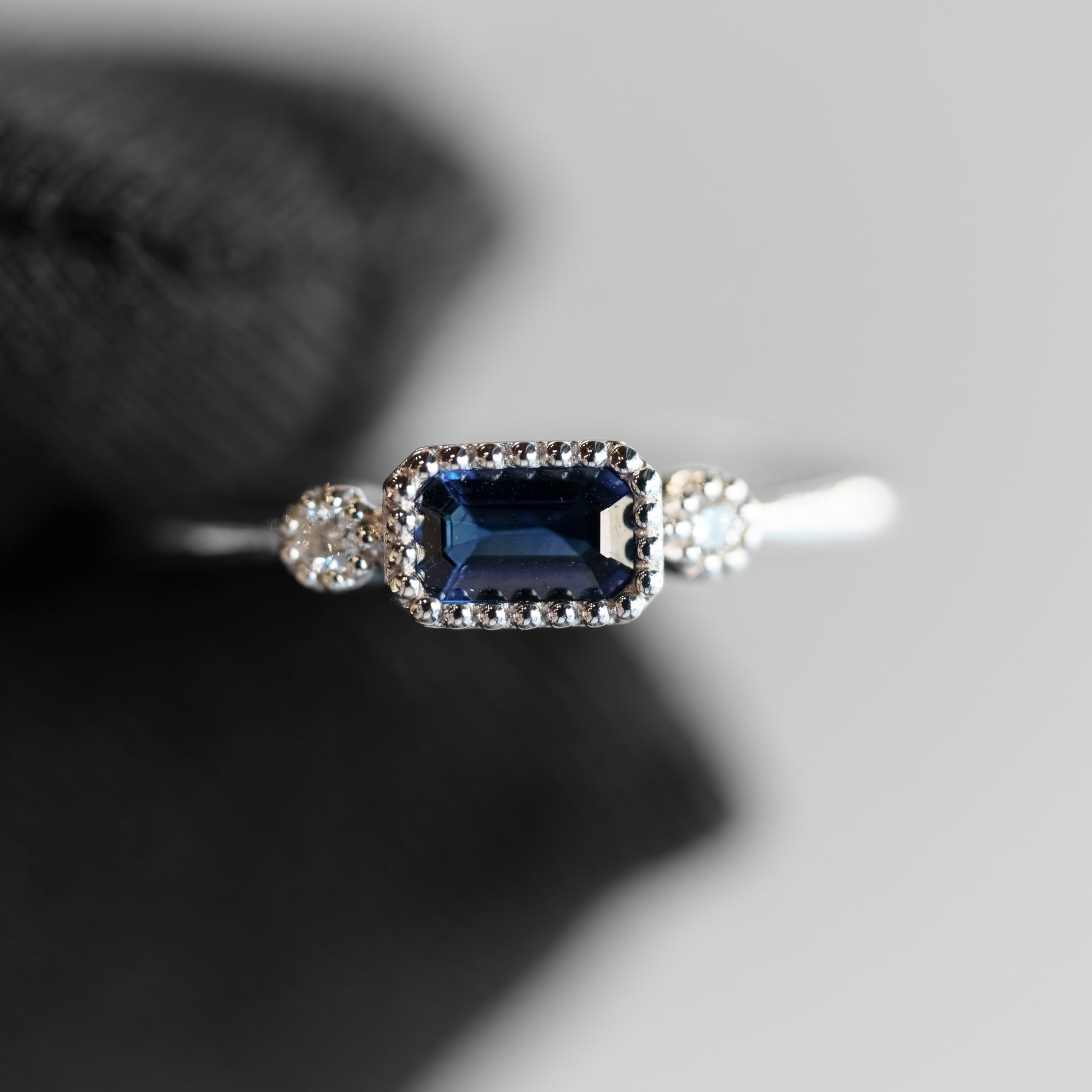 14K White Gold Sapphire and Diamond Ring – Baguette Cut with Milgrain Bezel Setting (Size 6.5)