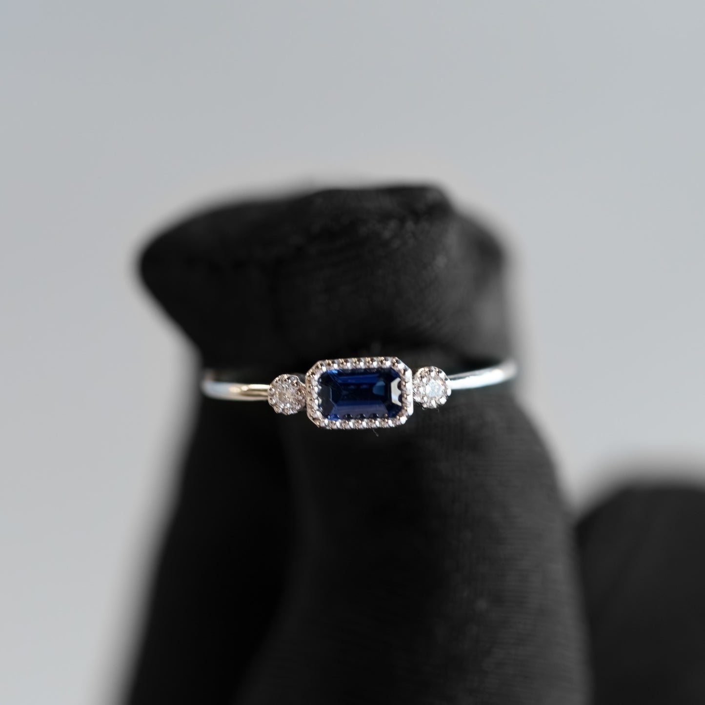 14K White Gold Sapphire and Diamond Ring – Baguette Cut with Milgrain Bezel Setting (Size 6.5)
