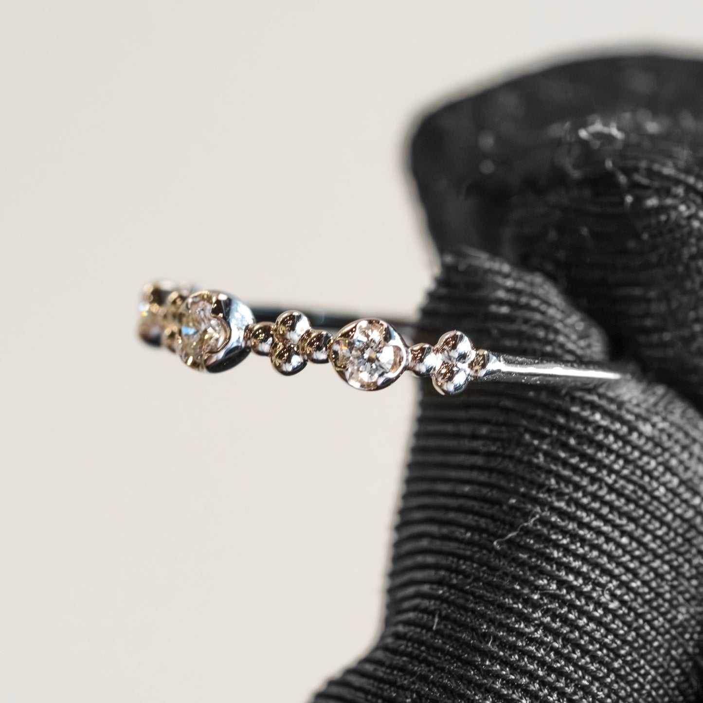 14kt White Gold Trio Diamond "Bezel-Look" Beaded Stacking Band