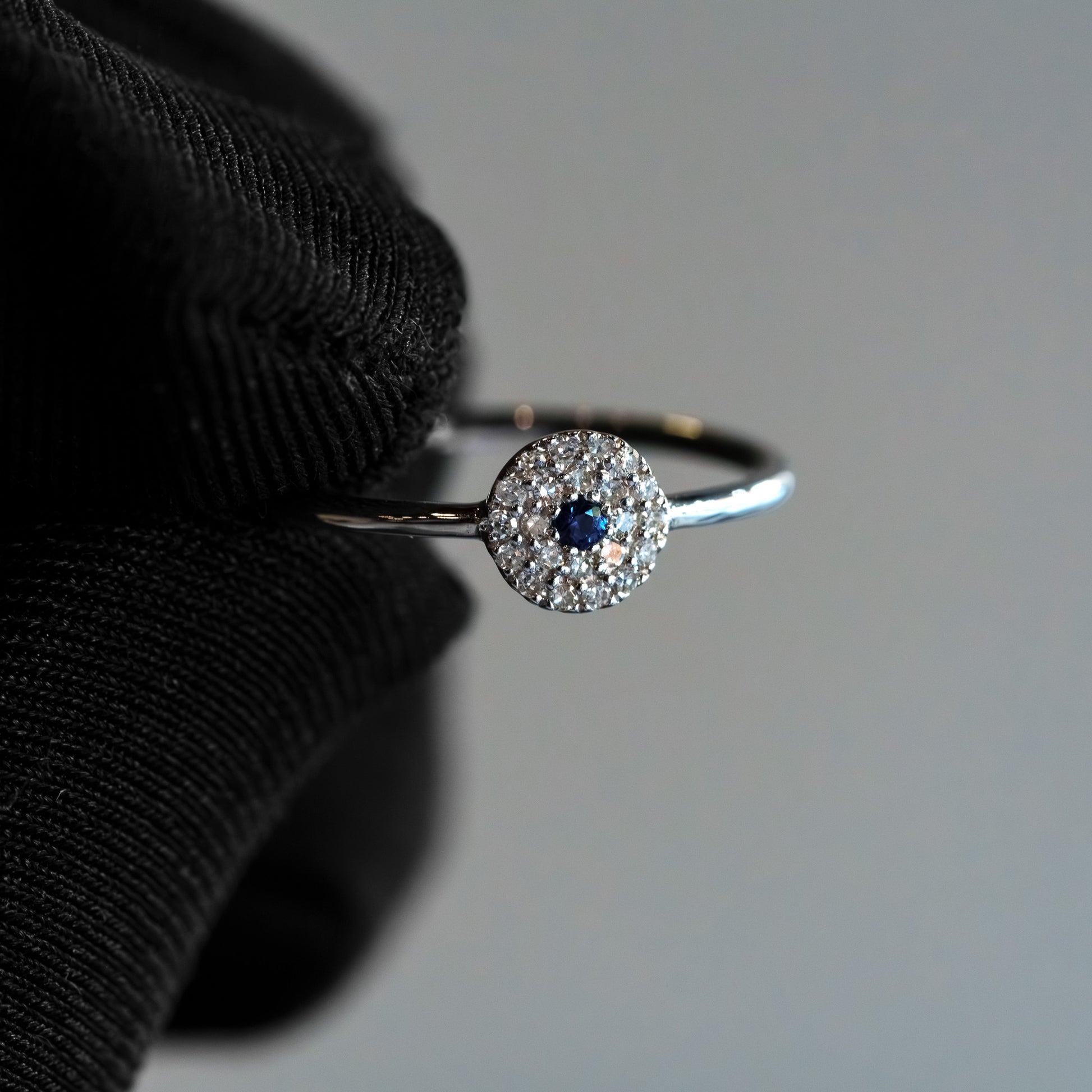 14kt White Gold Diamond & Sapphire "Evil Eye" Pavé Disc Stacking Ring