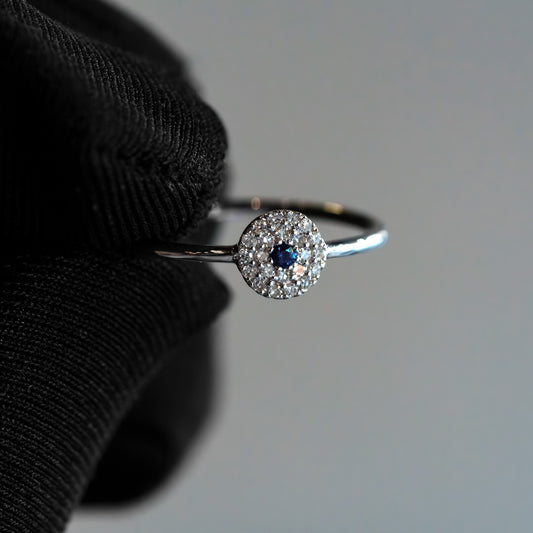 14kt White Gold Diamond & Sapphire "Evil Eye" Pavé Disc Stacking Ring