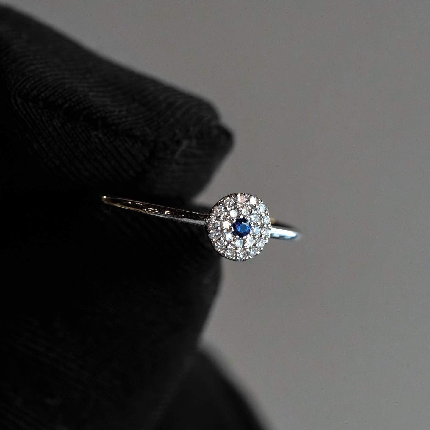 14kt White Gold Diamond & Sapphire "Evil Eye" Pavé Disc Stacking Ring