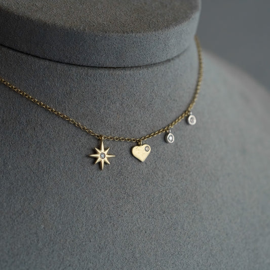 14kt Yellow Gold Multi-Charm Diamond Celestial & Heart Necklace