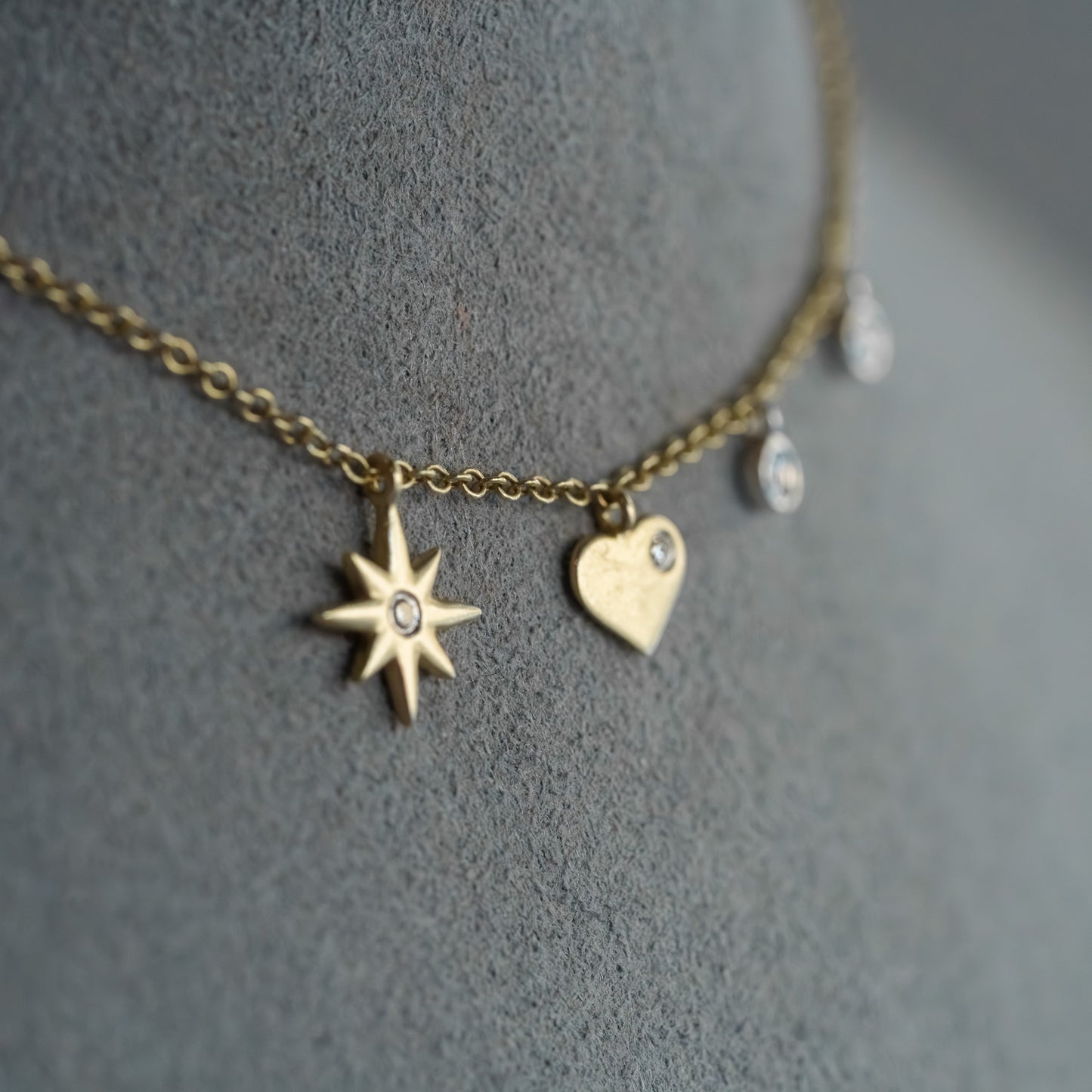 14kt Yellow Gold Multi-Charm Diamond Celestial & Heart Necklace