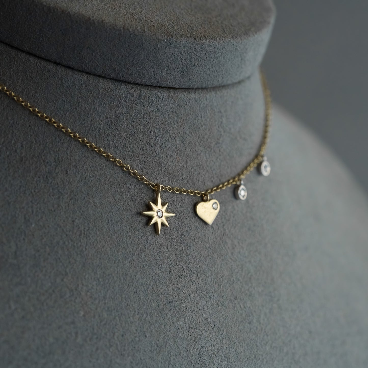 14kt Yellow Gold Multi-Charm Diamond Celestial & Heart Necklace