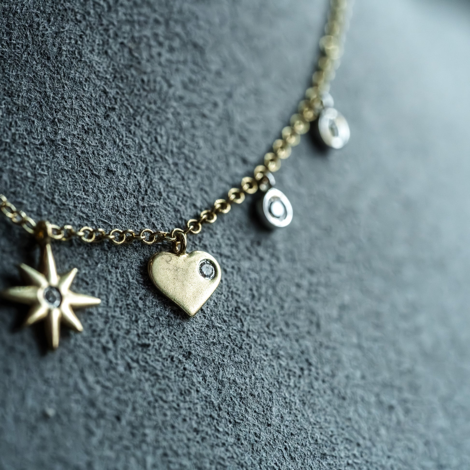 14kt Yellow Gold Multi-Charm Diamond Celestial & Heart Necklace