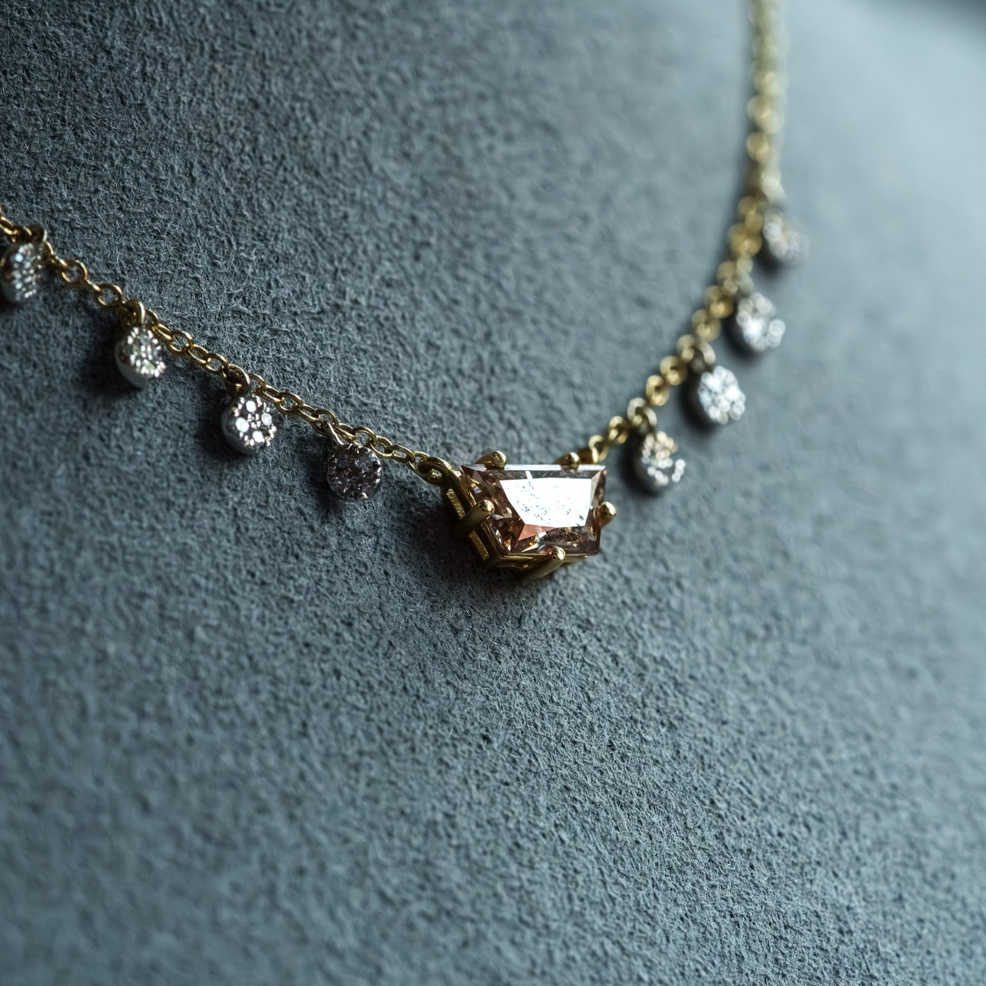 14kt Two-Tone Gold Trapezoid Champagne & Round White Diamond Necklace