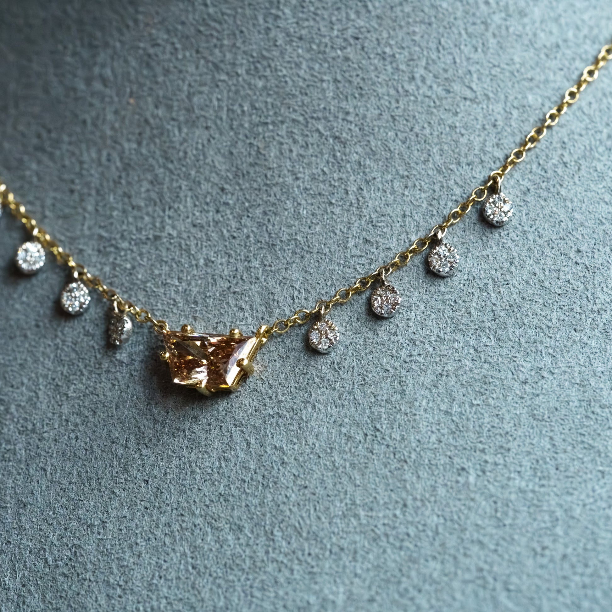 14kt Two-Tone Gold Trapezoid Champagne & Round White Diamond Necklace