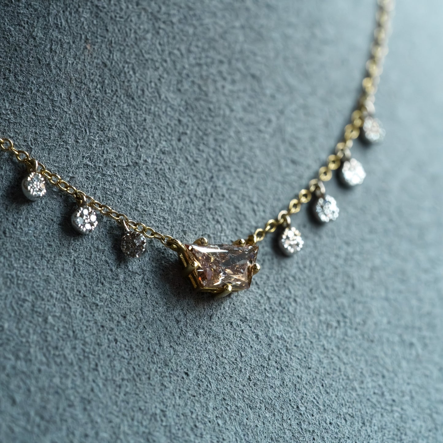 14kt Two-Tone Gold Trapezoid Champagne & Round White Diamond Necklace