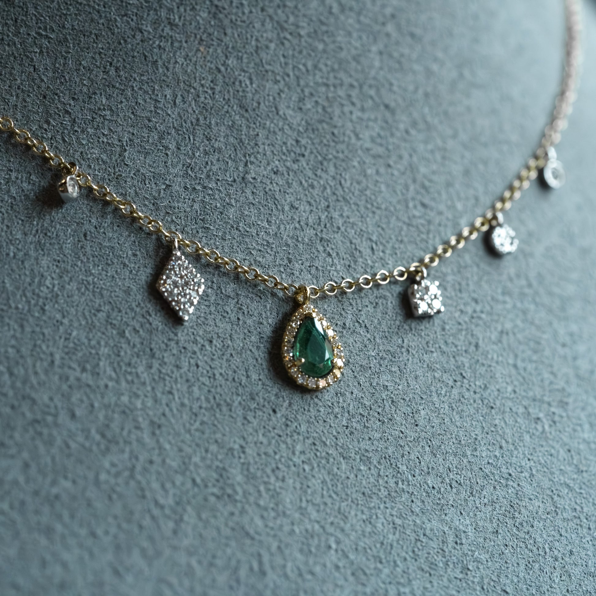 14kt Two-Tone Gold Emerald & Diamond Halo Fringe Necklace