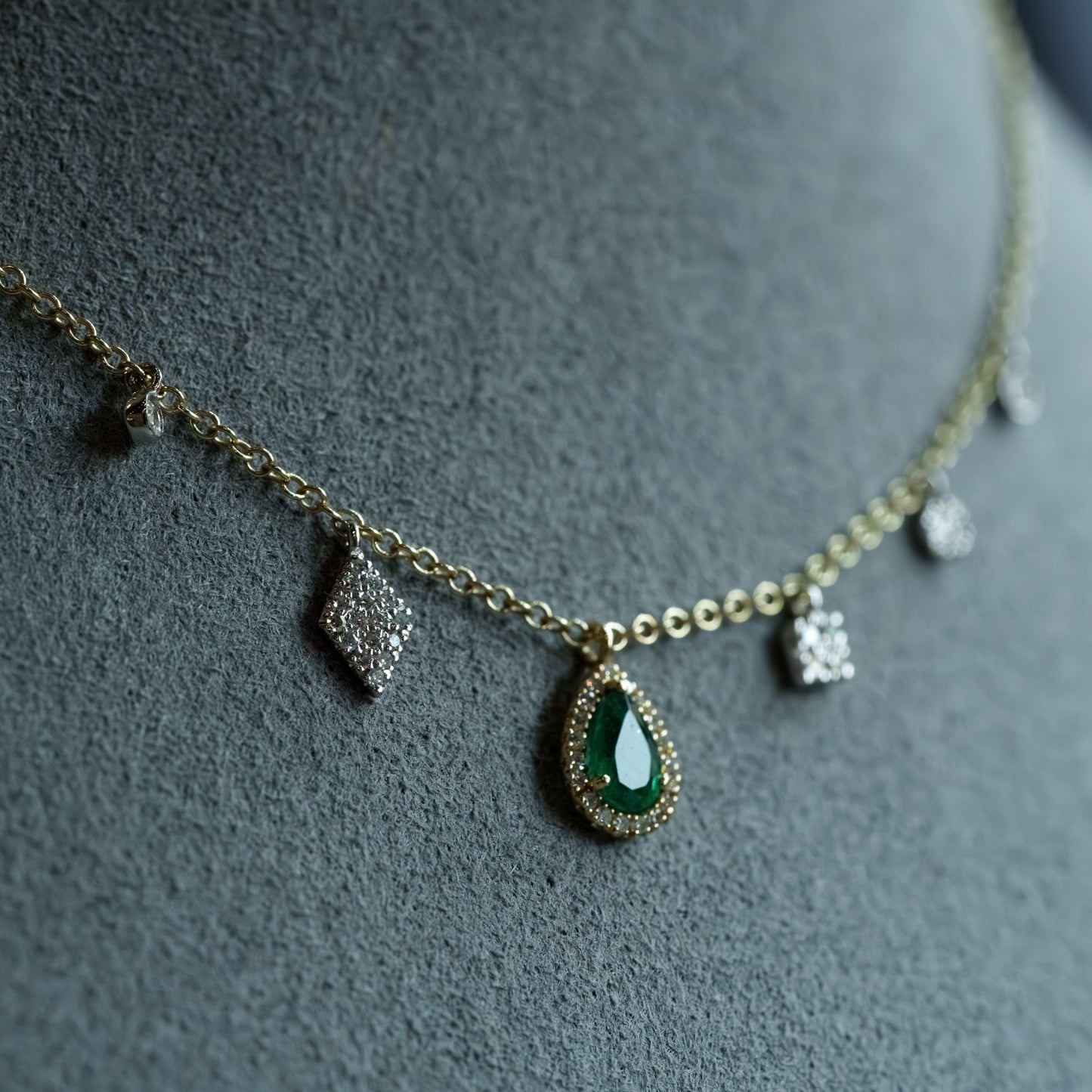 14kt Two-Tone Gold Emerald & Diamond Halo Fringe Necklace
