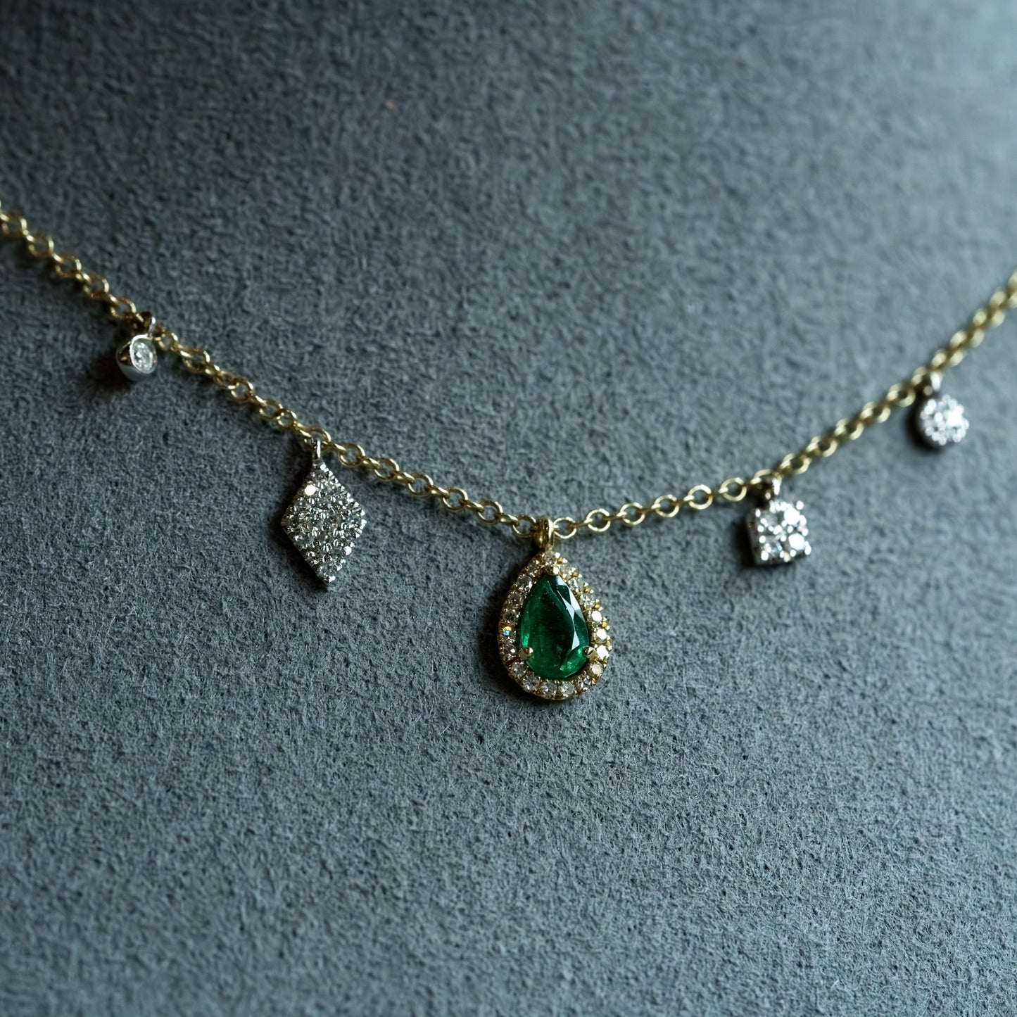 14kt Two-Tone Gold Emerald & Diamond Halo Fringe Necklace