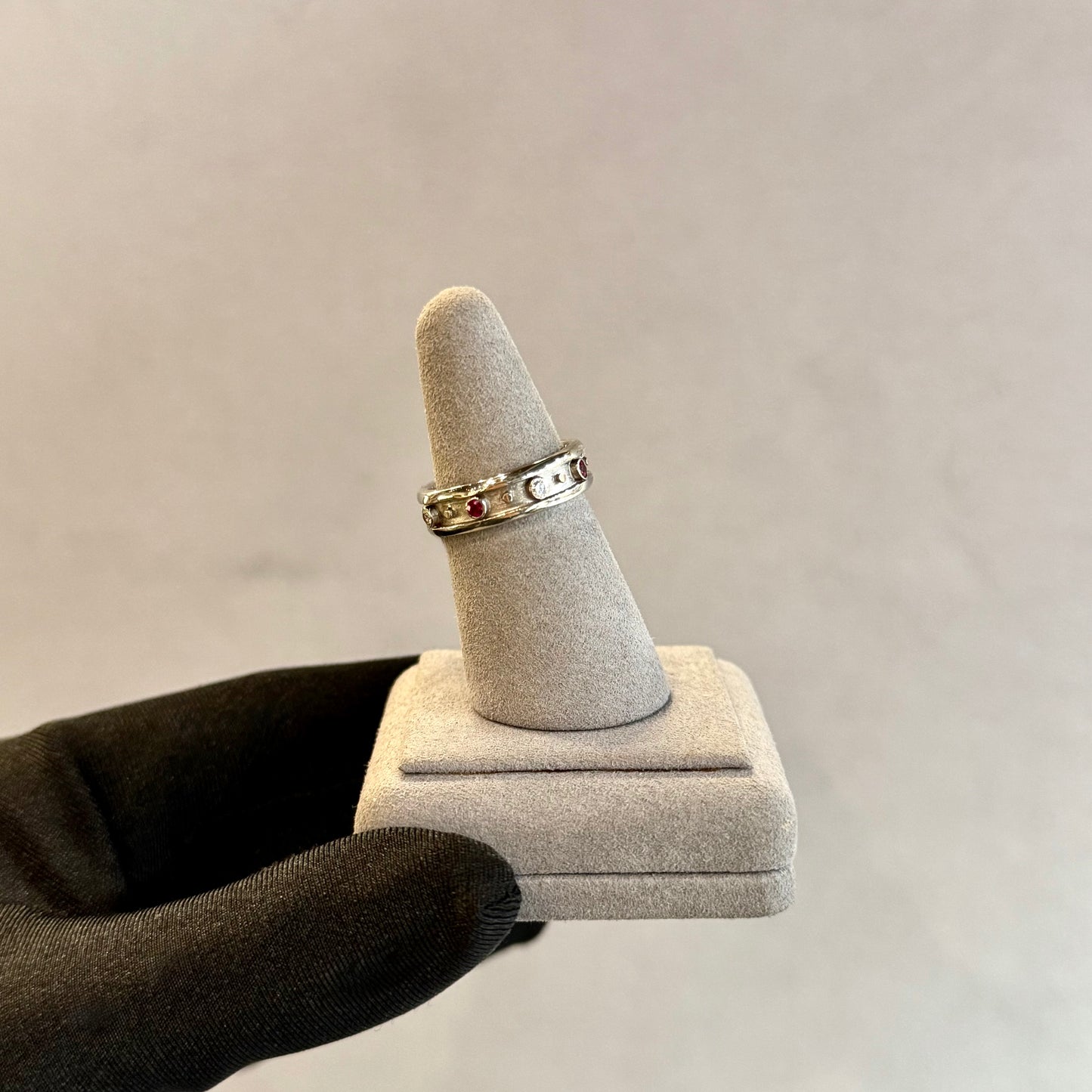 One-of-a-Kind Vintage 18K White Gold Ruby and Diamond Inlay Band – Handmade 6mm Bezel Set, .80ctw