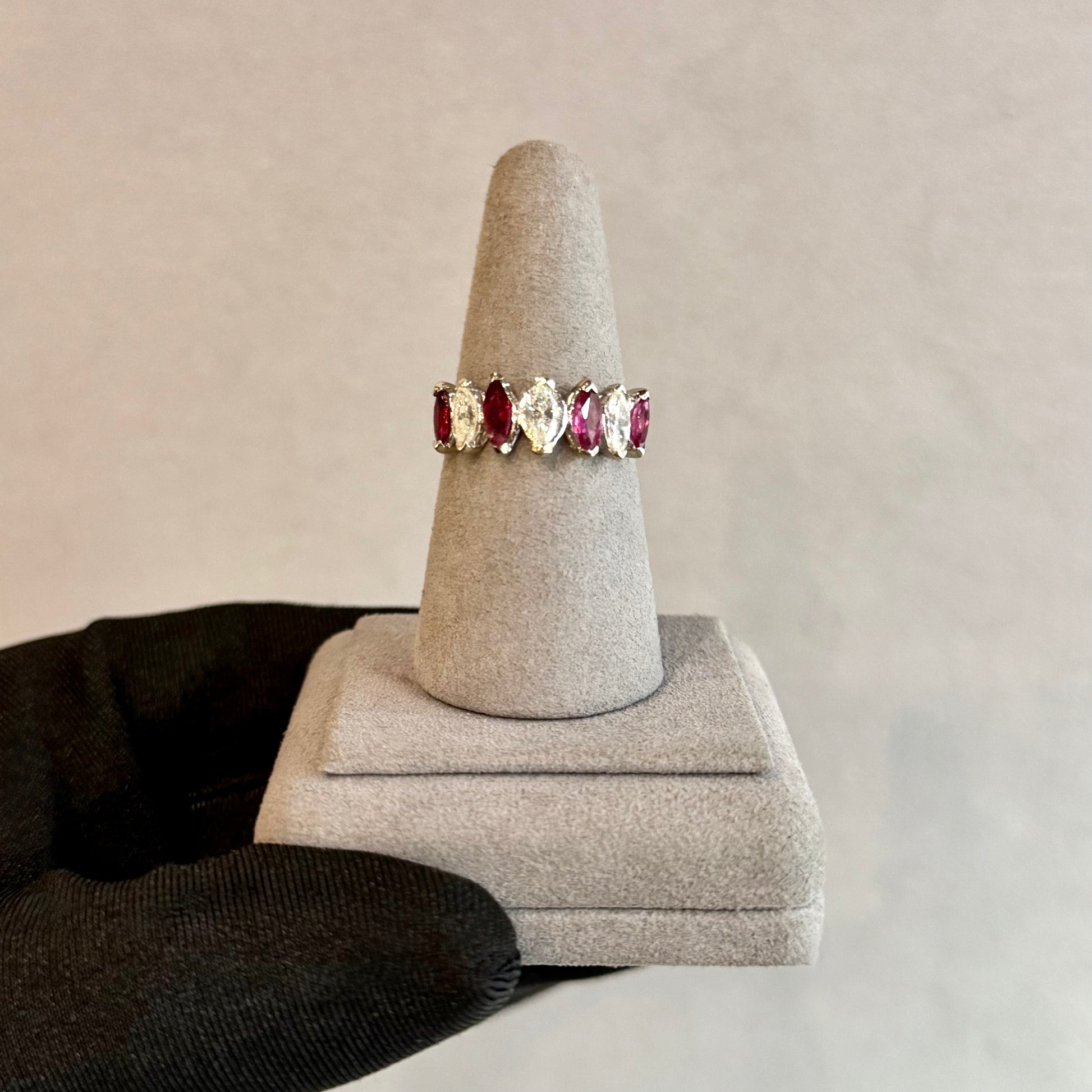 Vintage 14K White Gold Ruby and Diamond Marquise Half-Eternity Band – North-South Setting, .74ct Diamonds & .60ct Rubies