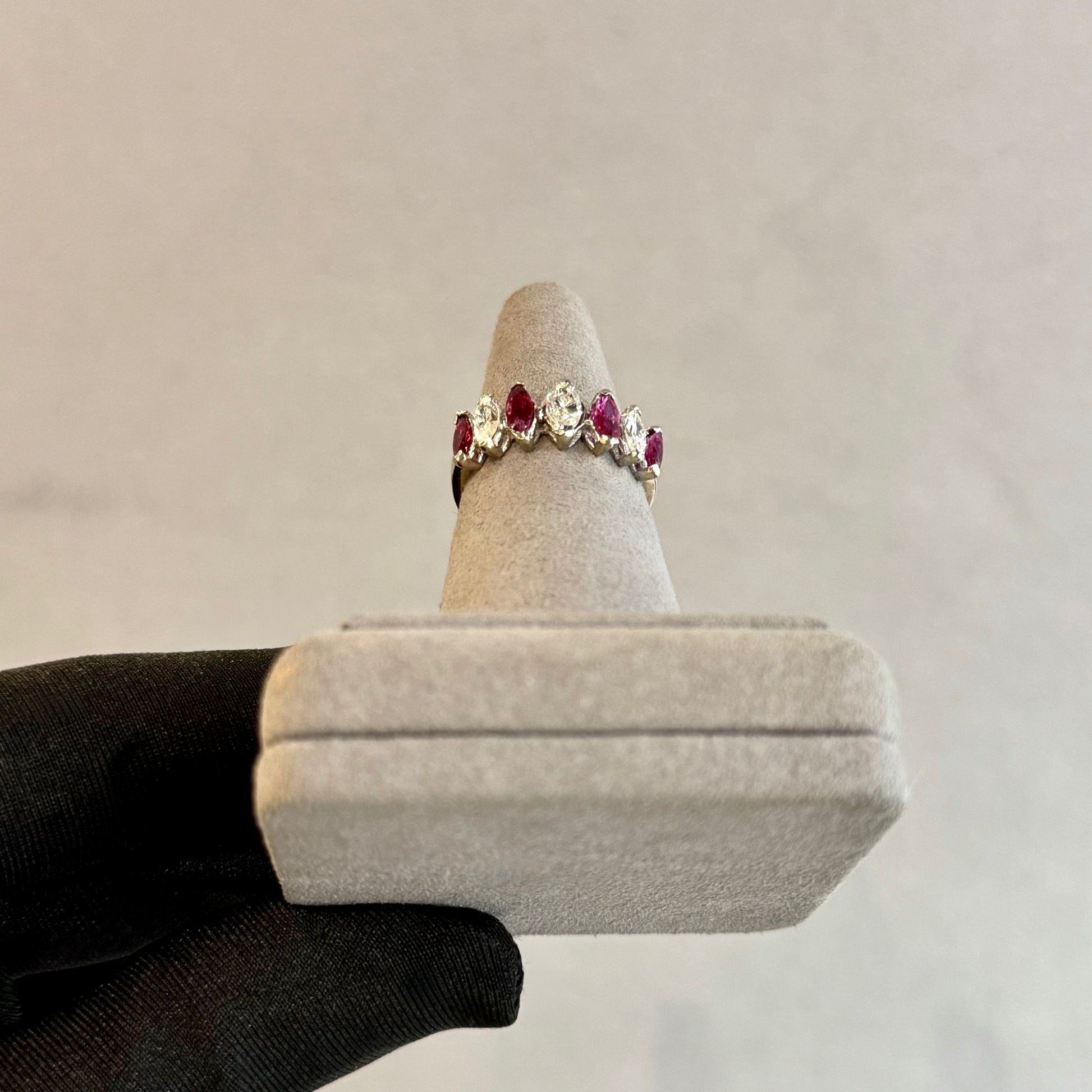 Vintage 14K White Gold Ruby and Diamond Marquise Half-Eternity Band – North-South Setting, .74ct Diamonds & .60ct Rubies
