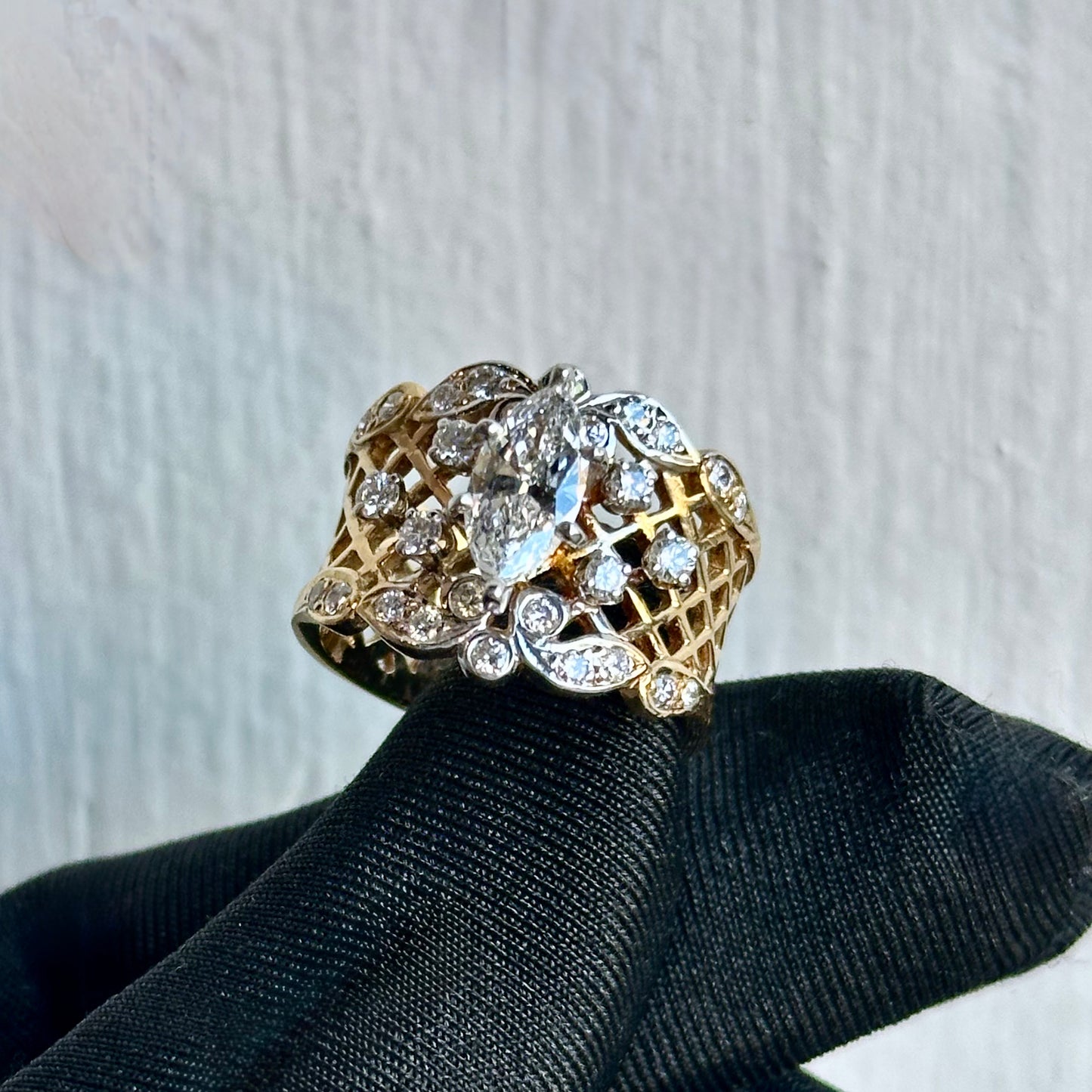Vintage-Inspired Marquise Diamond Openwork Statement Ring in Two-Tone Gold
