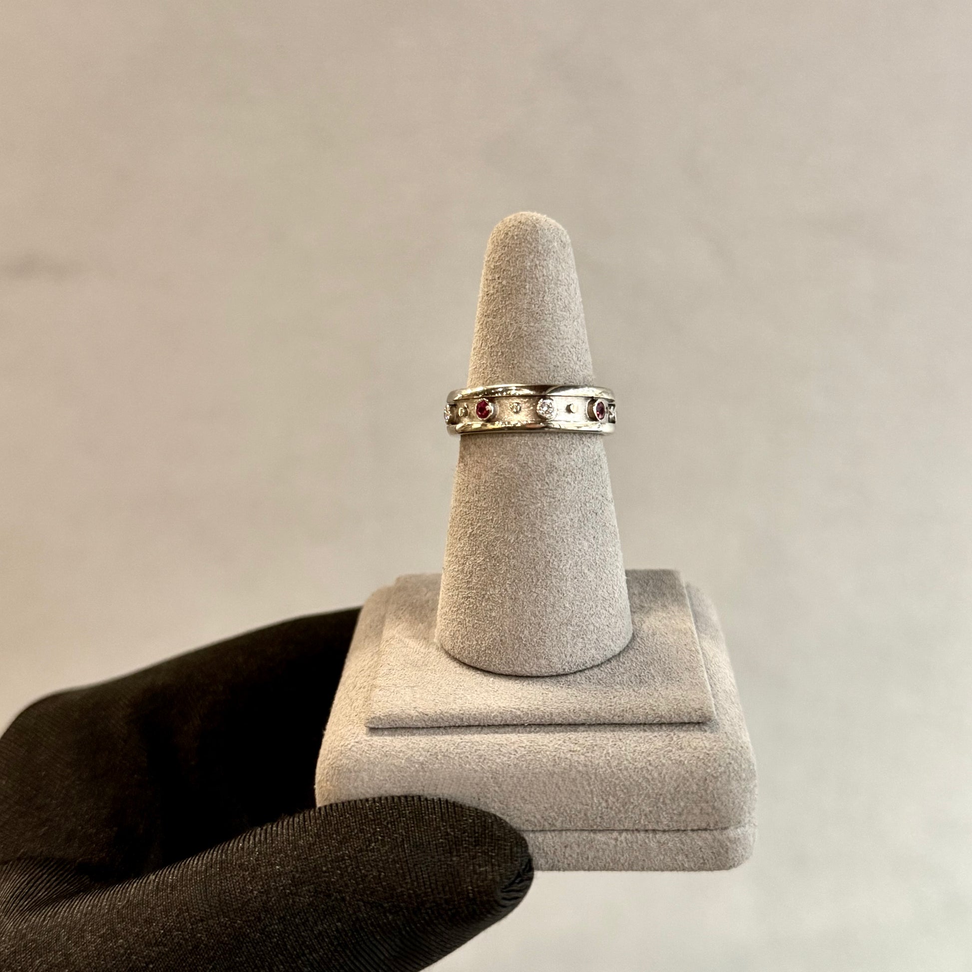 One-of-a-Kind Vintage 18K White Gold Ruby and Diamond Inlay Band – Handmade 6mm Bezel Set, .80ctw