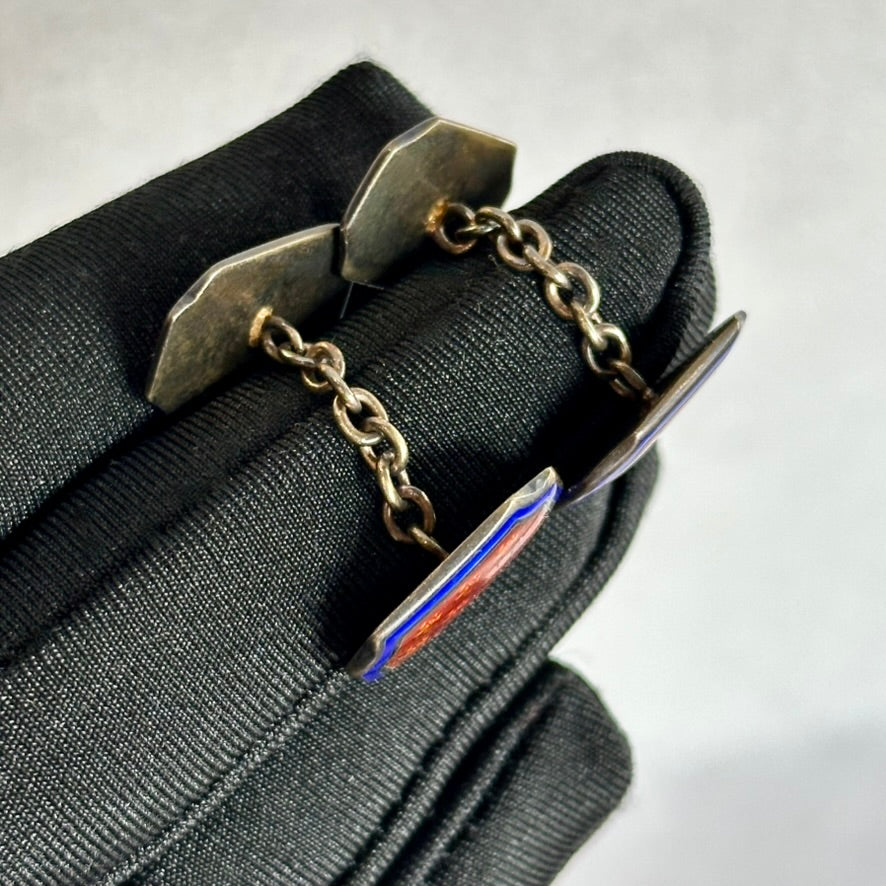 Vintage Red & Blue Enamel Fleurs-de-Lis Cufflinks – Bold Antique Brass Elegance for Him or Her