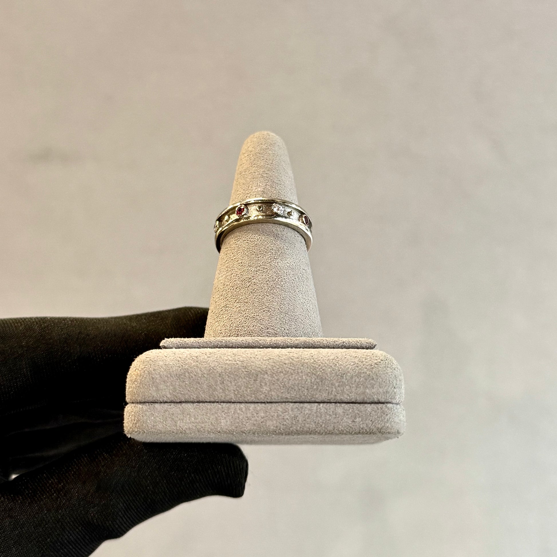 One-of-a-Kind Vintage 18K White Gold Ruby and Diamond Inlay Band – Handmade 6mm Bezel Set, .80ctw