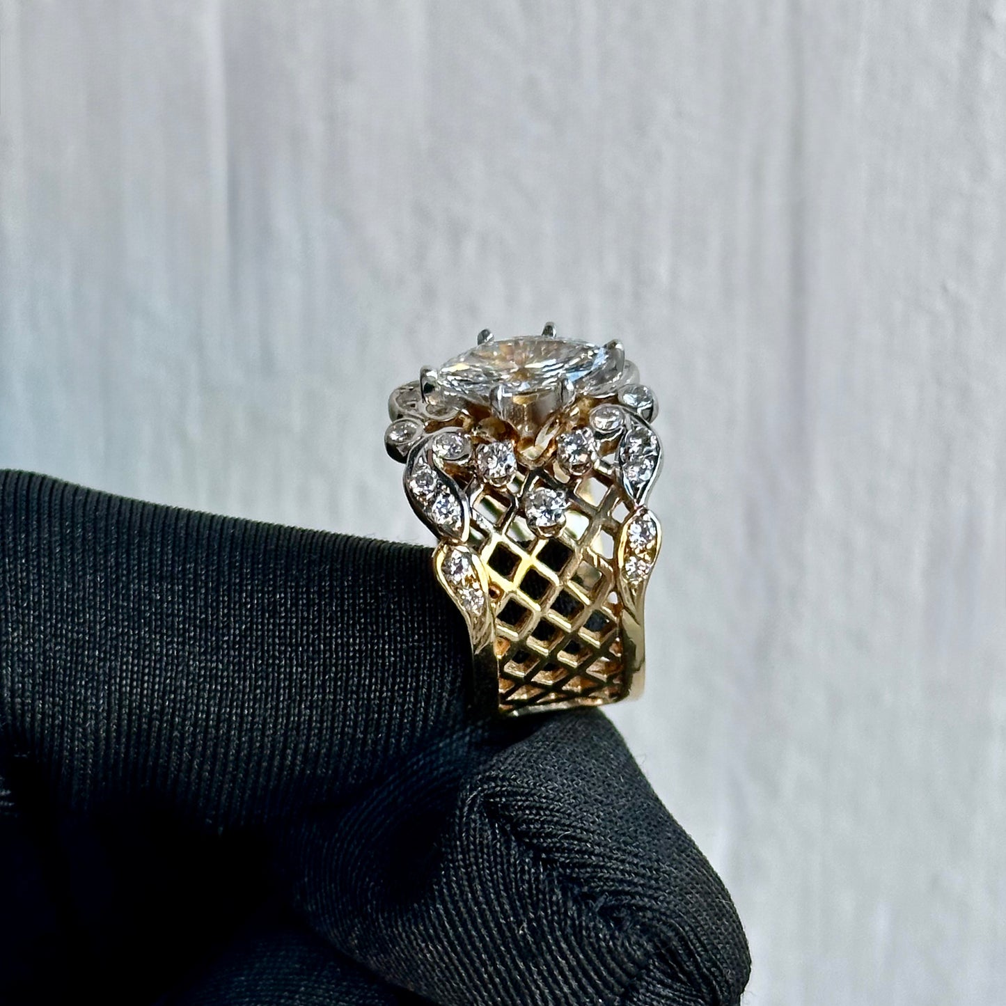 Vintage-Inspired Marquise Diamond Openwork Statement Ring in Two-Tone Gold