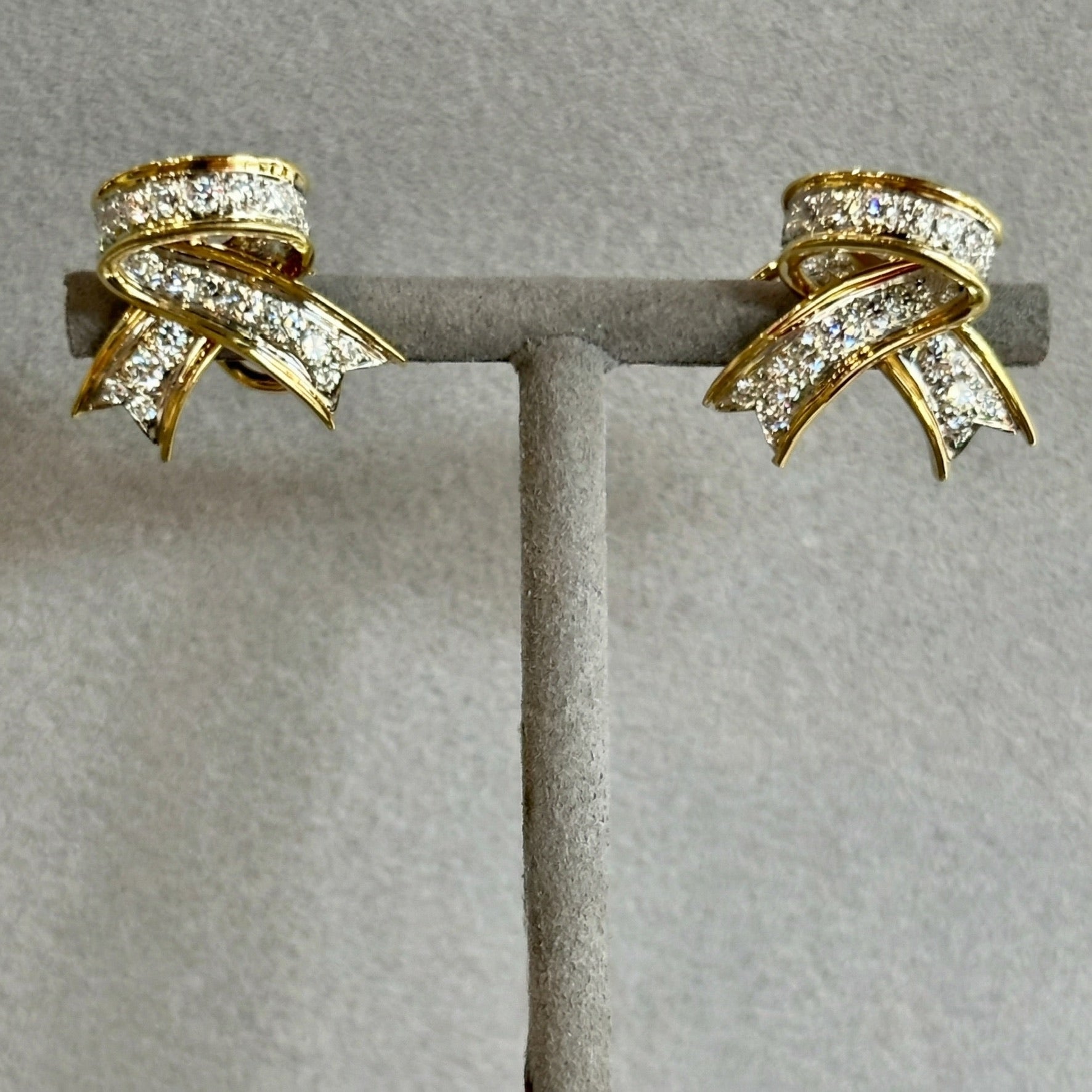 Vintage Tiffany & Co. Ribbon Earrings | Platinum & 18K Yellow Gold | 5.76ctw Diamonds | Circa 1989 | Post & Clip for Pierced Ears