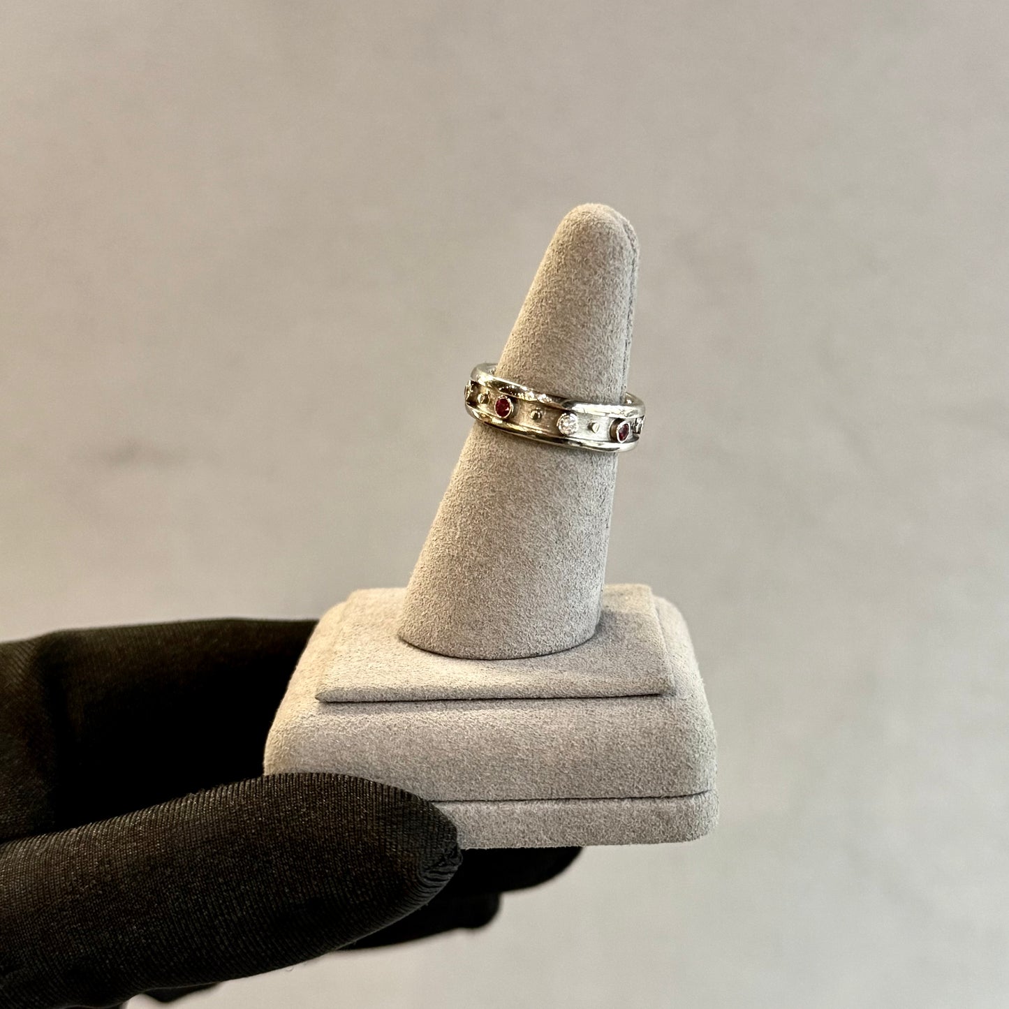 One-of-a-Kind Vintage 18K White Gold Ruby and Diamond Inlay Band – Handmade 6mm Bezel Set, .80ctw