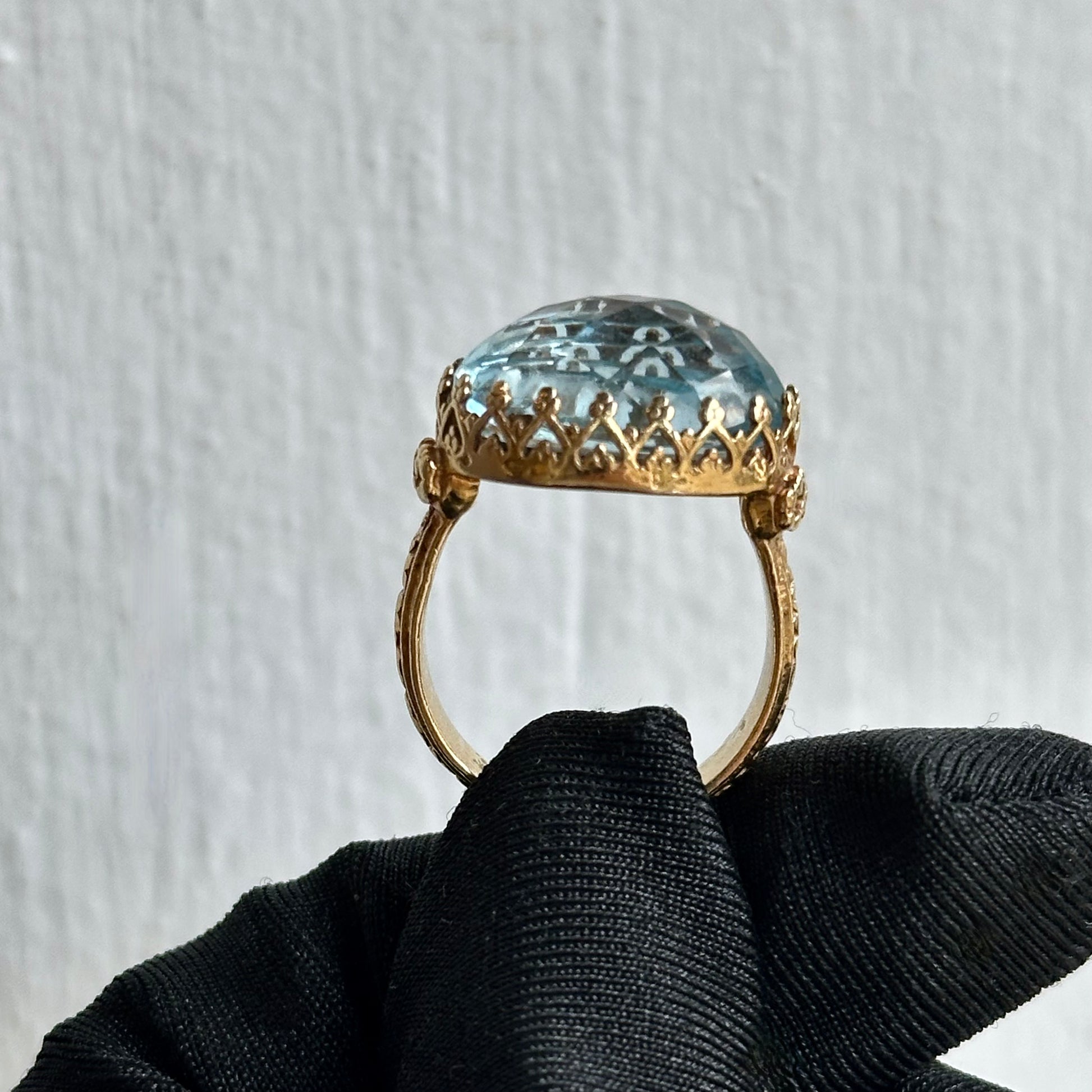 Vintage 14kt Yellow Gold Edwardian-Inspired Blue Topaz Cocktail Ring with Filigree Setting