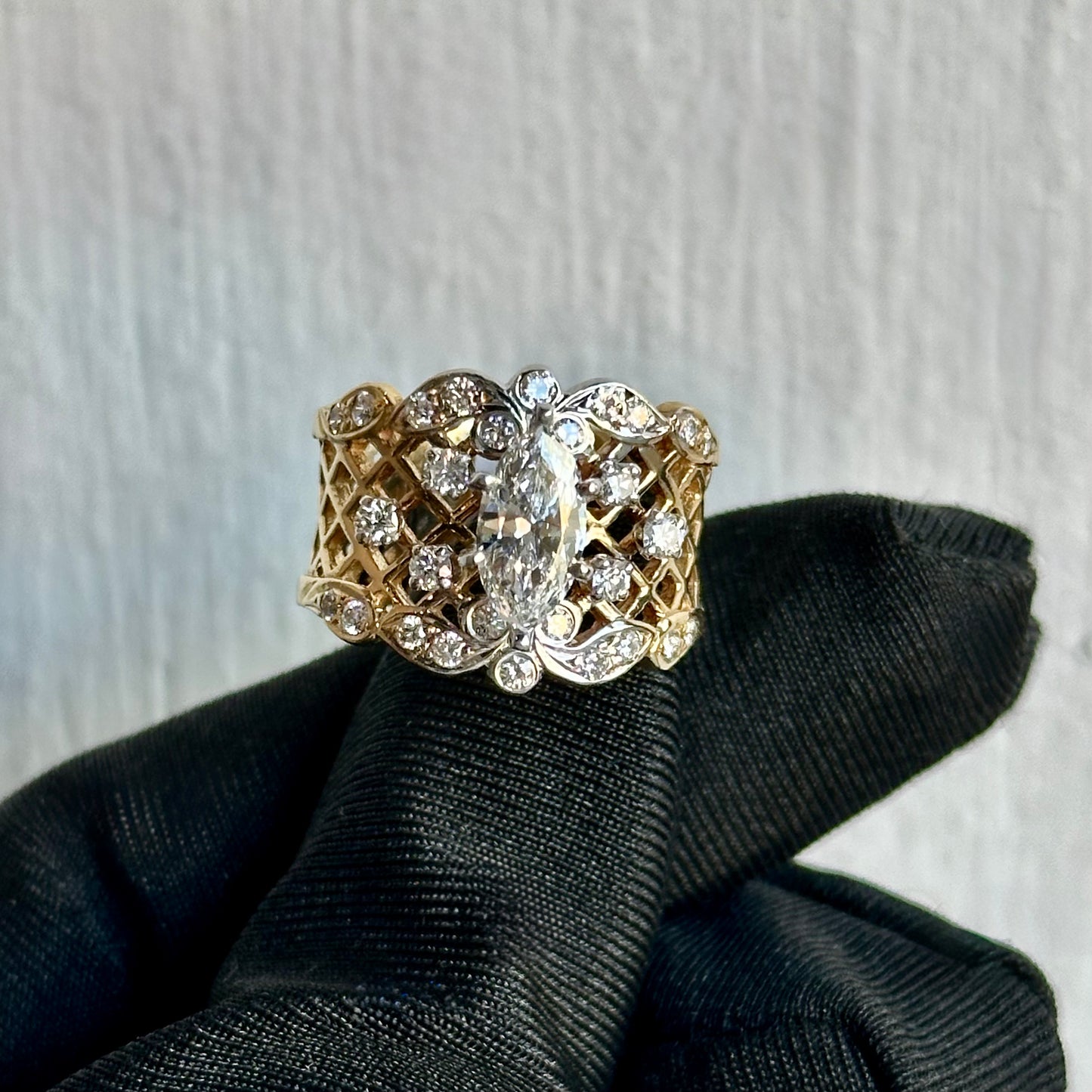 Vintage-Inspired Marquise Diamond Openwork Statement Ring in Two-Tone Gold