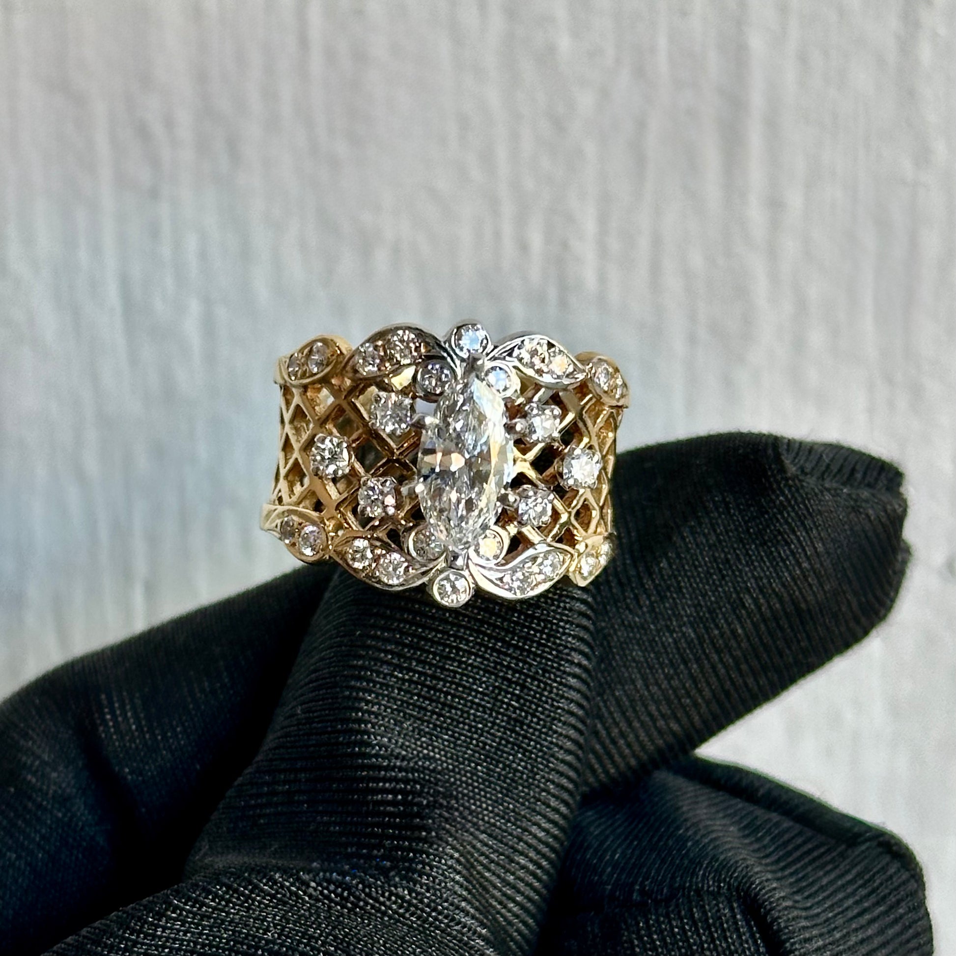 Vintage-Inspired Marquise Diamond Openwork Statement Ring in Two-Tone Gold