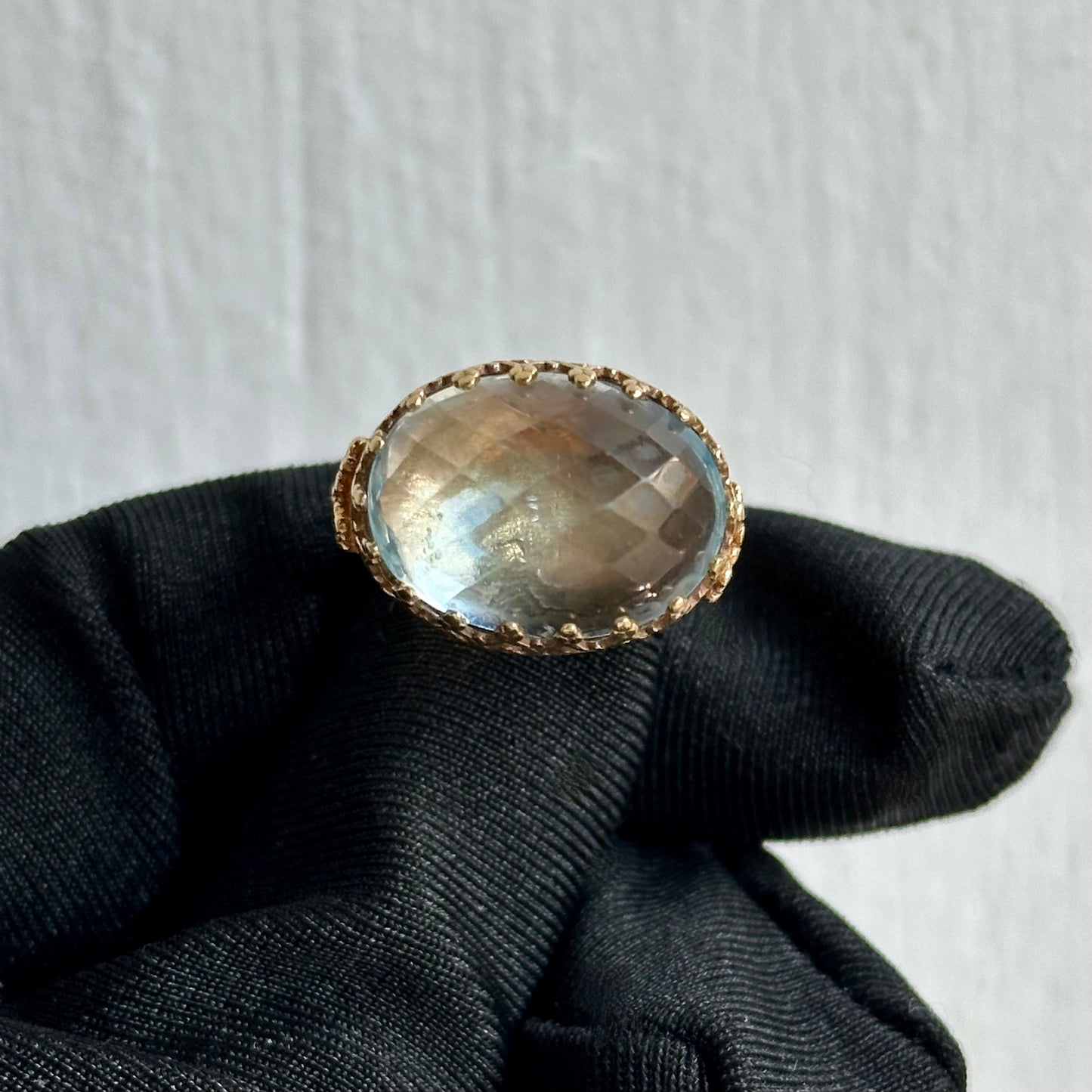 Vintage 14kt Yellow Gold Edwardian-Inspired Blue Topaz Cocktail Ring with Filigree Setting