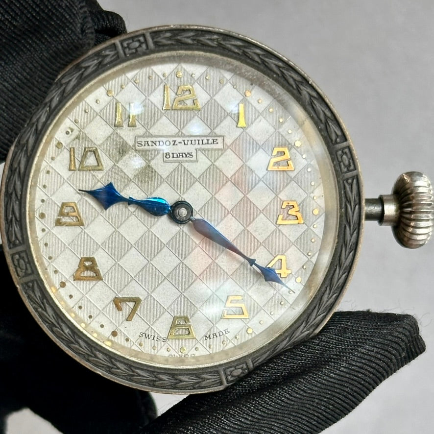 Rare 1920s–1930s Vintage Pocket Watch – Engraved Arabic Numerals, Blue Hands & Diamond Pattern Dial