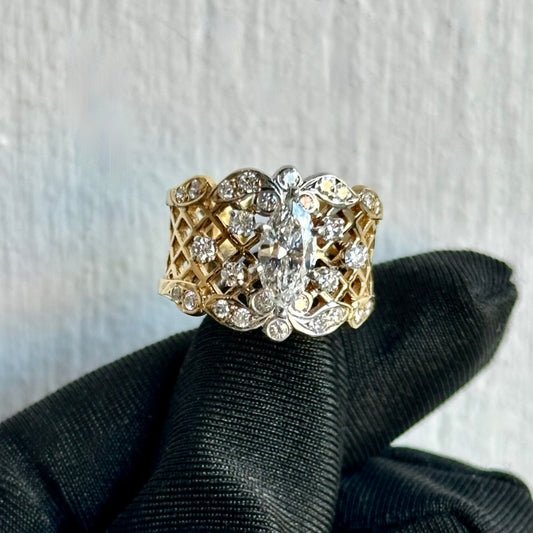 Vintage-Inspired Marquise Diamond Openwork Statement Ring in Two-Tone Gold
