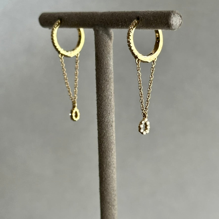 14KY Diamond Huggie Earrings with Dangle Chain & Pave Bezel Set Circle - Sweet & Small