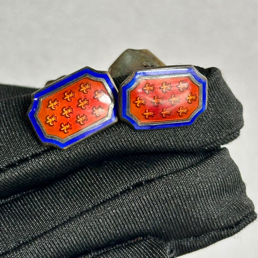 Vintage Red & Blue Enamel Fleurs-de-Lis Cufflinks – Bold Antique Brass Elegance for Him or Her
