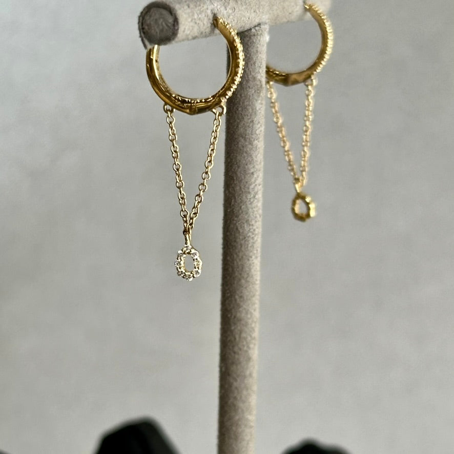 14KY Diamond Huggie Earrings with Dangle Chain & Pave Bezel Set Circle - Sweet & Small