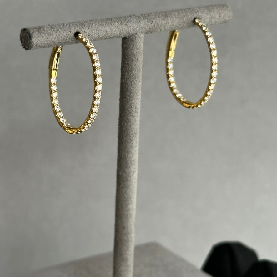 14KY Oval Shape Diamond Hoop Earrings - 0.89 TCW Inside-Out with Diamond Clasp Mechanism