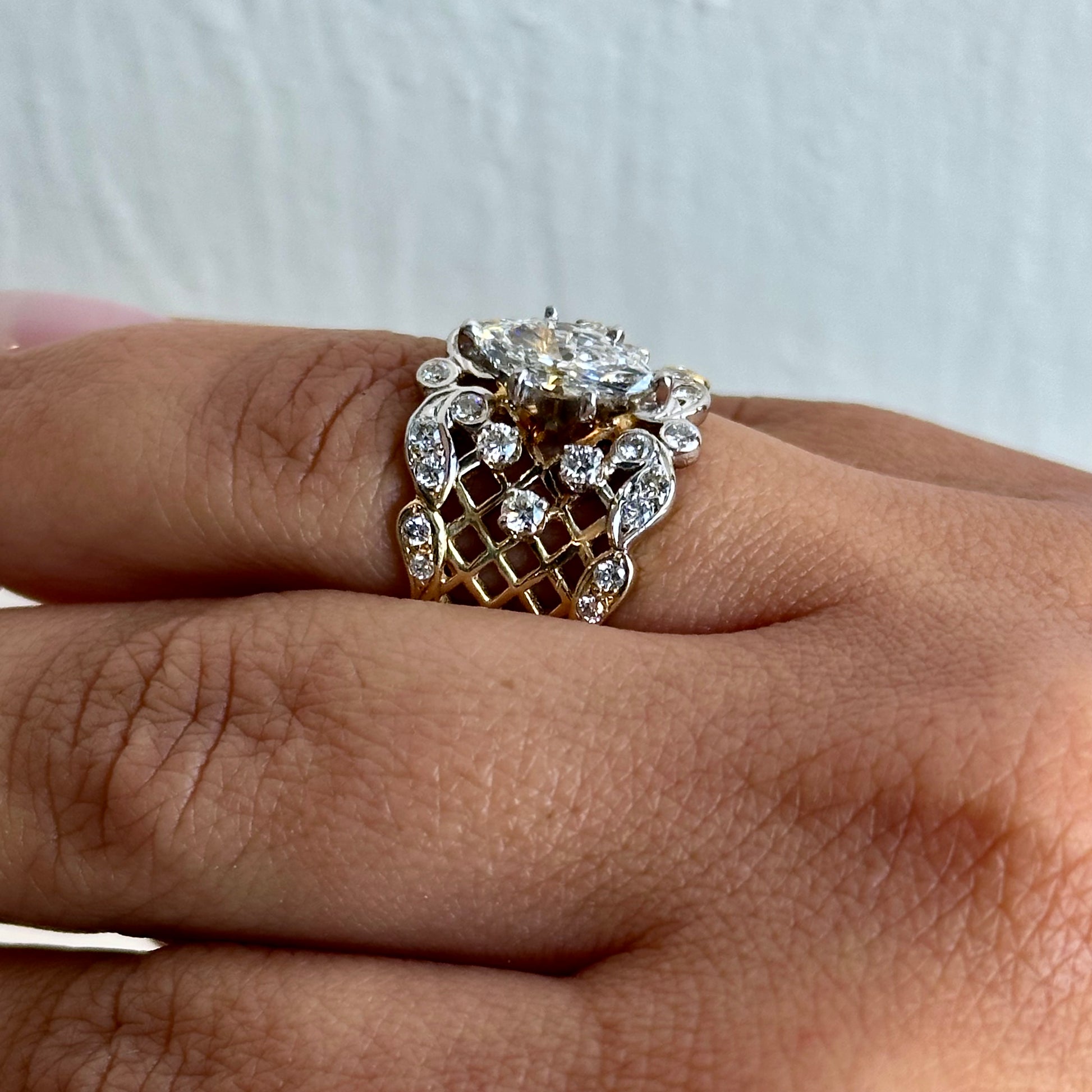 Vintage-Inspired Marquise Diamond Openwork Statement Ring in Two-Tone Gold