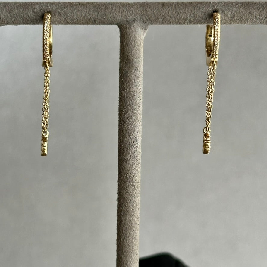 14KY Diamond Huggie Earrings with Dangle Chain & Pave Bezel Set Circle - Sweet & Small