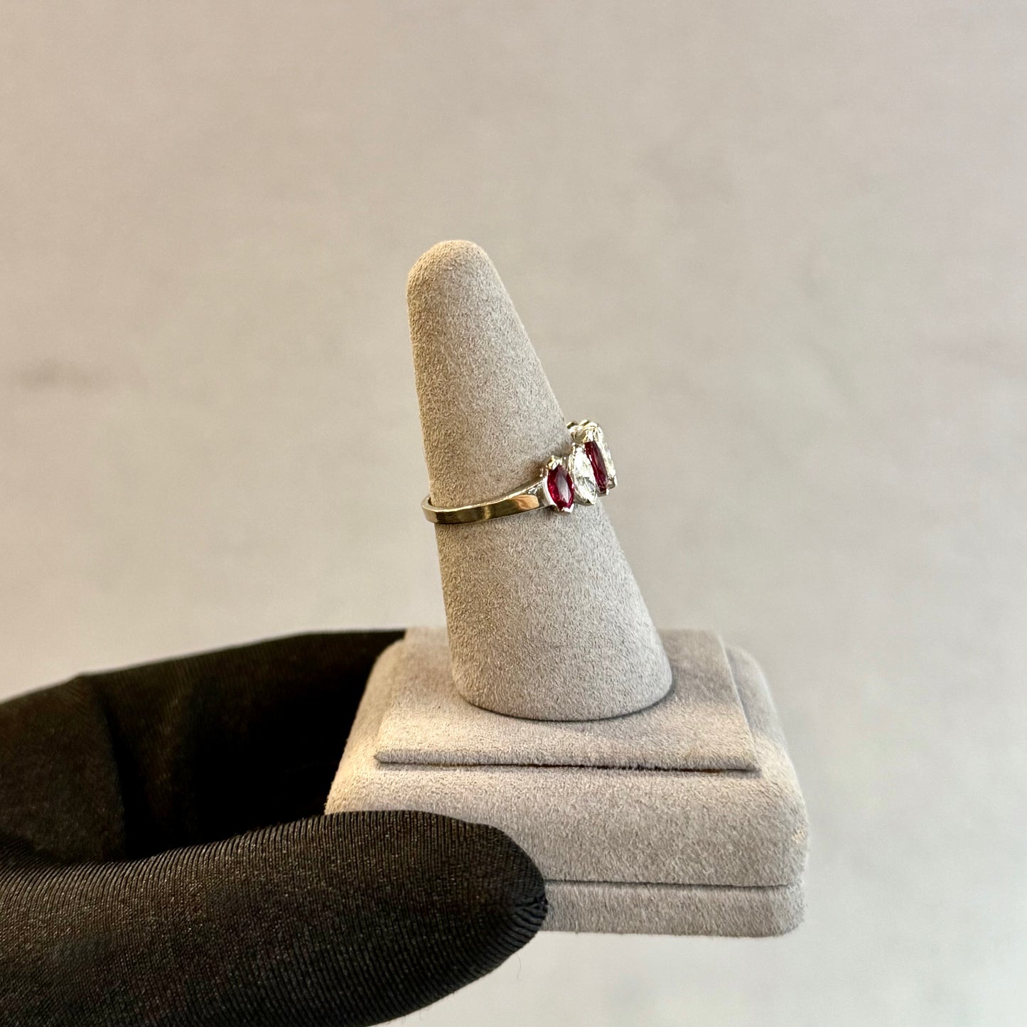 Vintage 14K White Gold Ruby and Diamond Marquise Half-Eternity Band – North-South Setting, .74ct Diamonds & .60ct Rubies